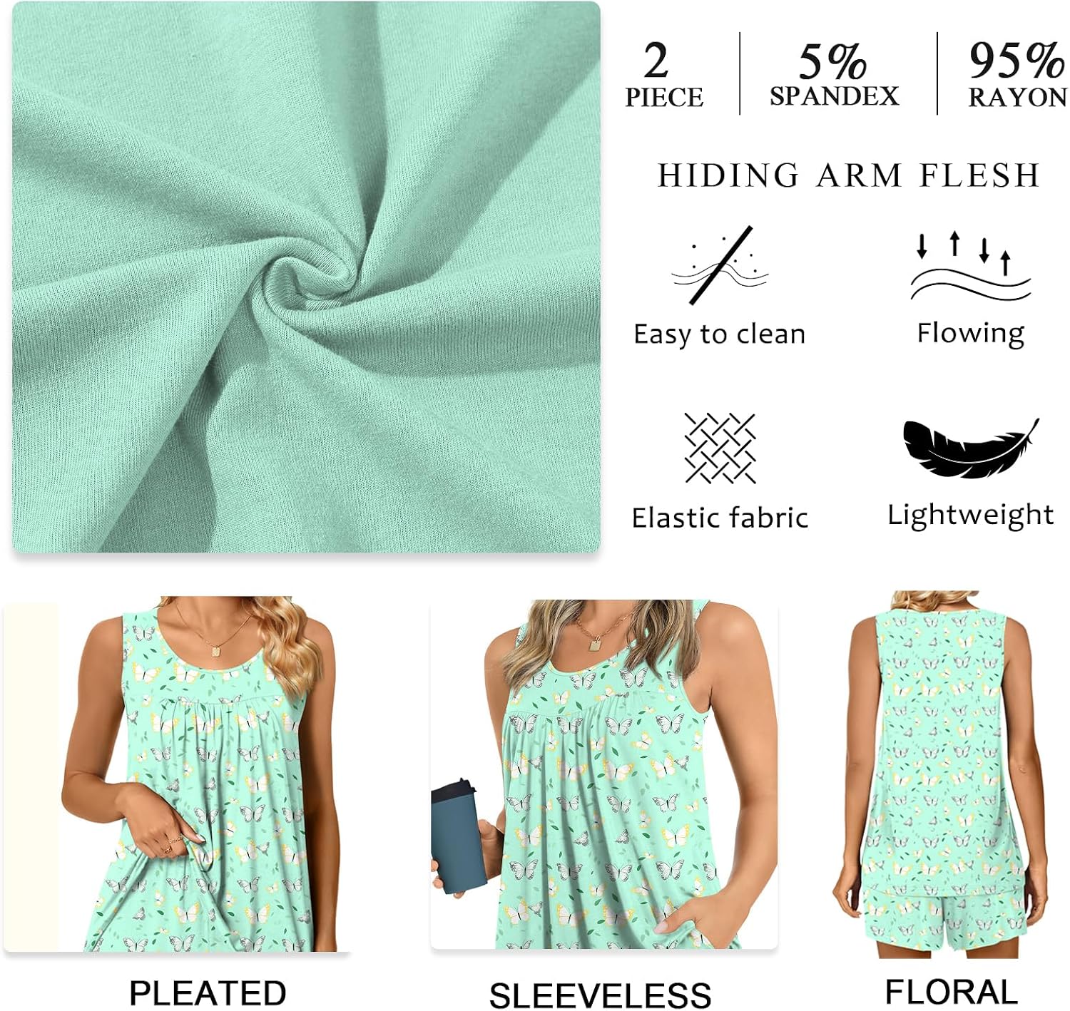 Thumbnail 3 de POPYOUNG Pajama Set 2‑Piece 95% Rayon Tops & Shorts