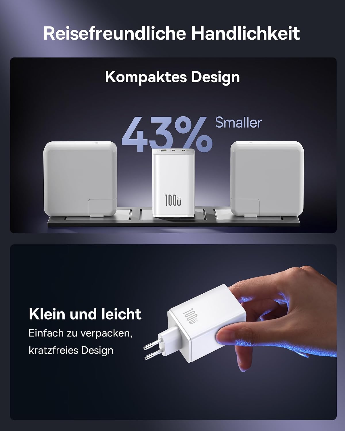 Detalle de Baseus Enerfill 100W USB-C Ladegerät, 3 Ports – GaN PPS, kompakt, für MacBook, iPhone, Galaxy und mehr