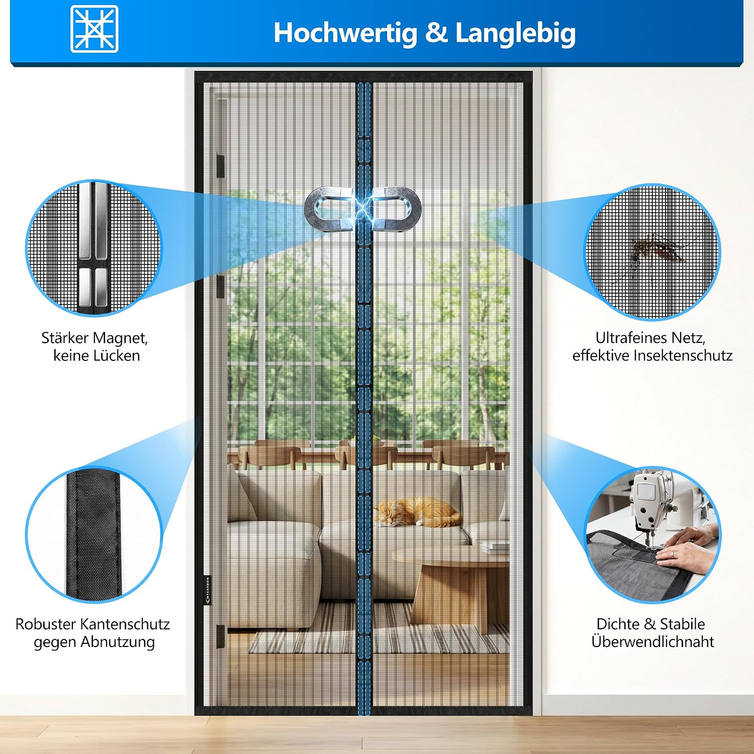 Detalle de MYCARBON Fliegengitter für Außentür 100 x 210 cm – magnetisch, ohne Bohren, Klebeband