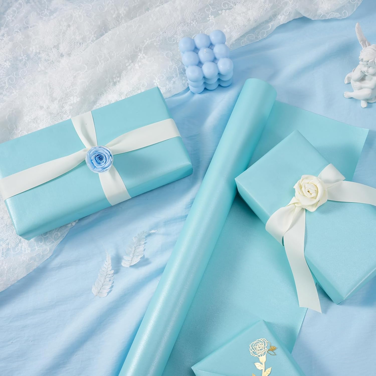 Thumbnail 1 de Blue Wrapping Paper Roll, Reversible Pearly-Lustre Gift Wrap Paper (43cm x 10m)