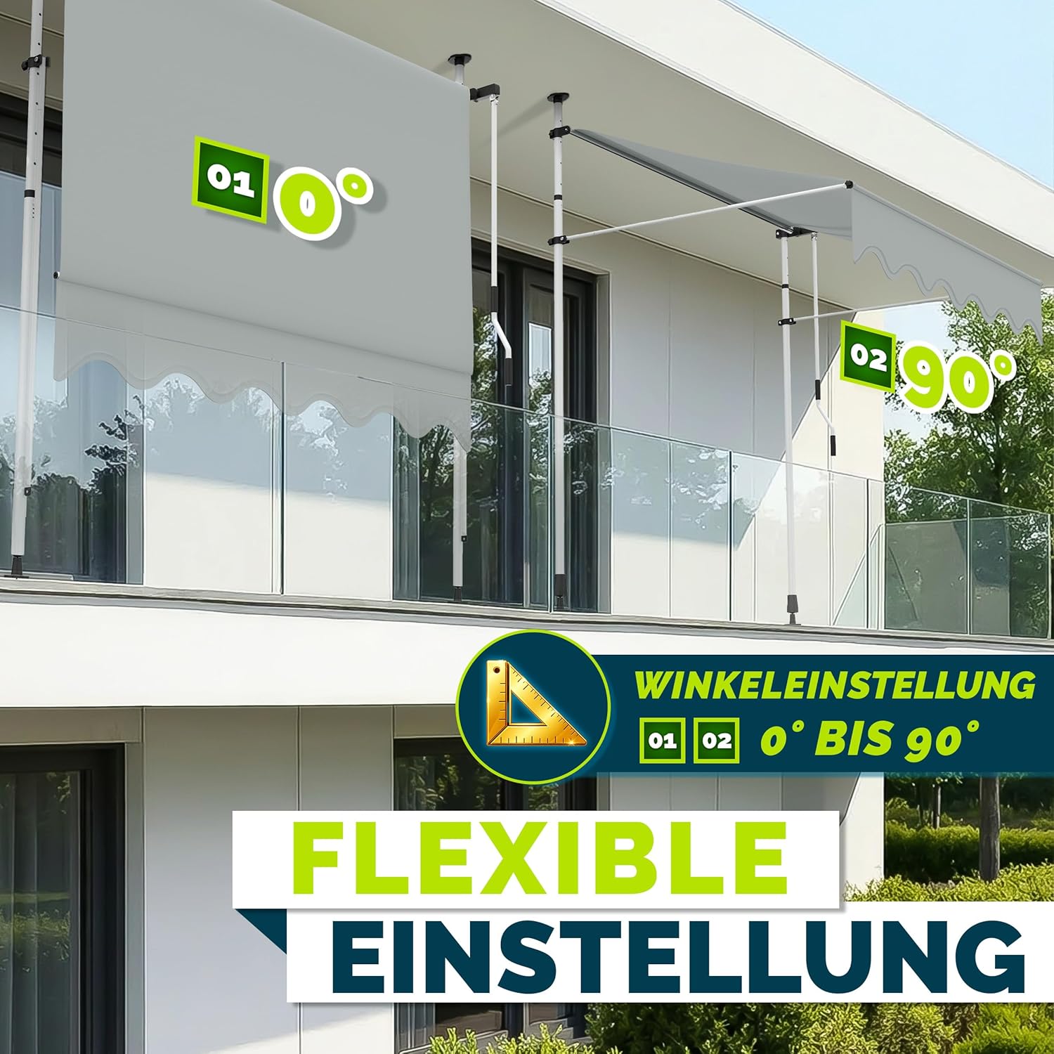 Thumbnail 1 de tillvex Klemmmarkise mit Handkurbel und LED-Lichterkette (ohne Bohren) für Balkon & Terrasse – Hellgrau, 400 cm