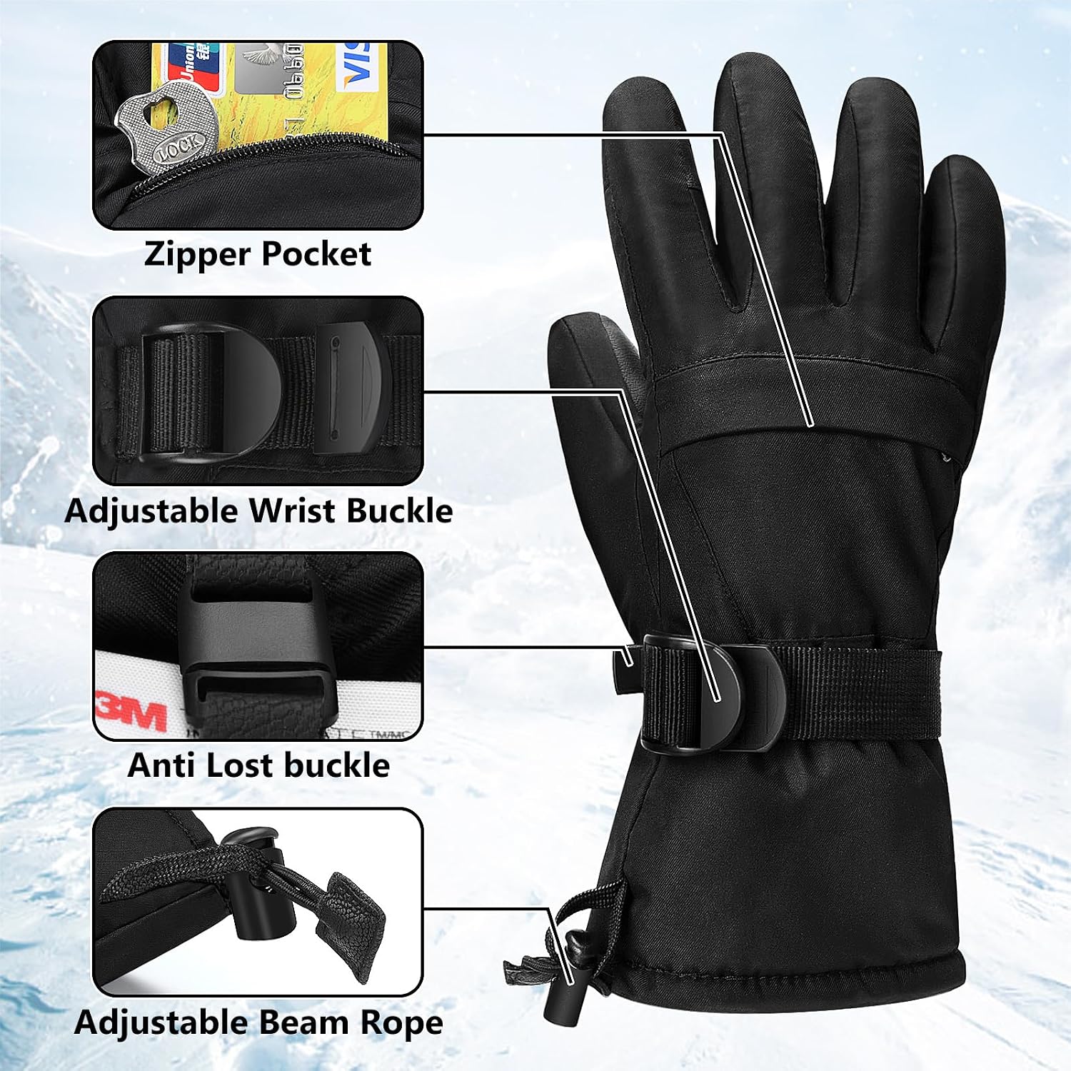 Detalle 2 de Ski Gloves Warmest Waterproof Breathable Snow Gloves