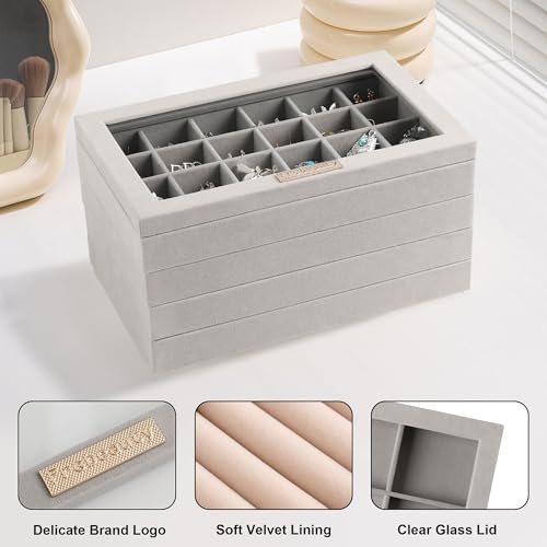 Detalle de Frebeauty Organizador de joyas 5 en 1 apilable con tapa de cristal y forro de terciopelo