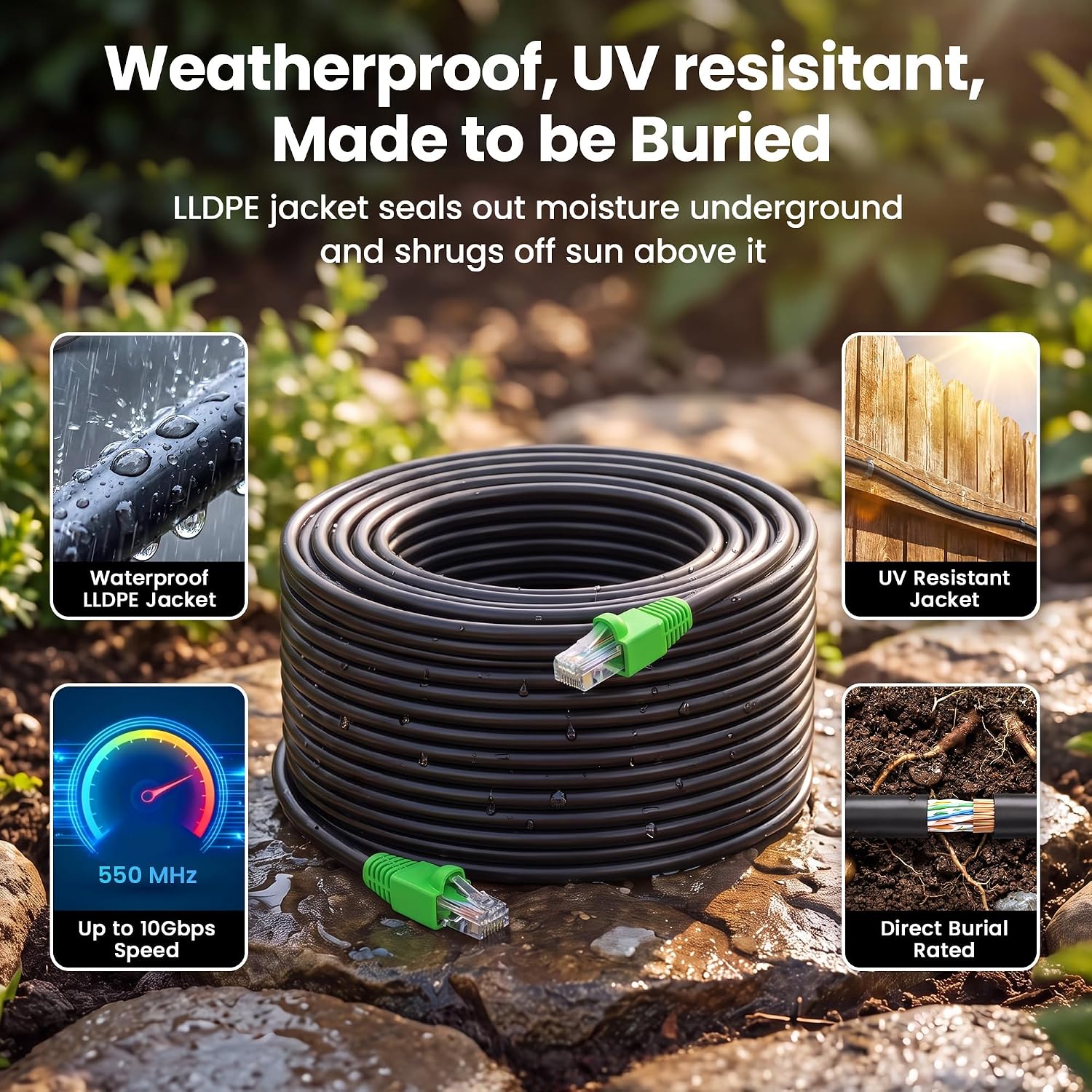 Detalle de GEARit Cat6 Ethernet Cable 200ft (Outdoor Direct Burial, 24AWG, RJ45, UV-Resistant Jacket)