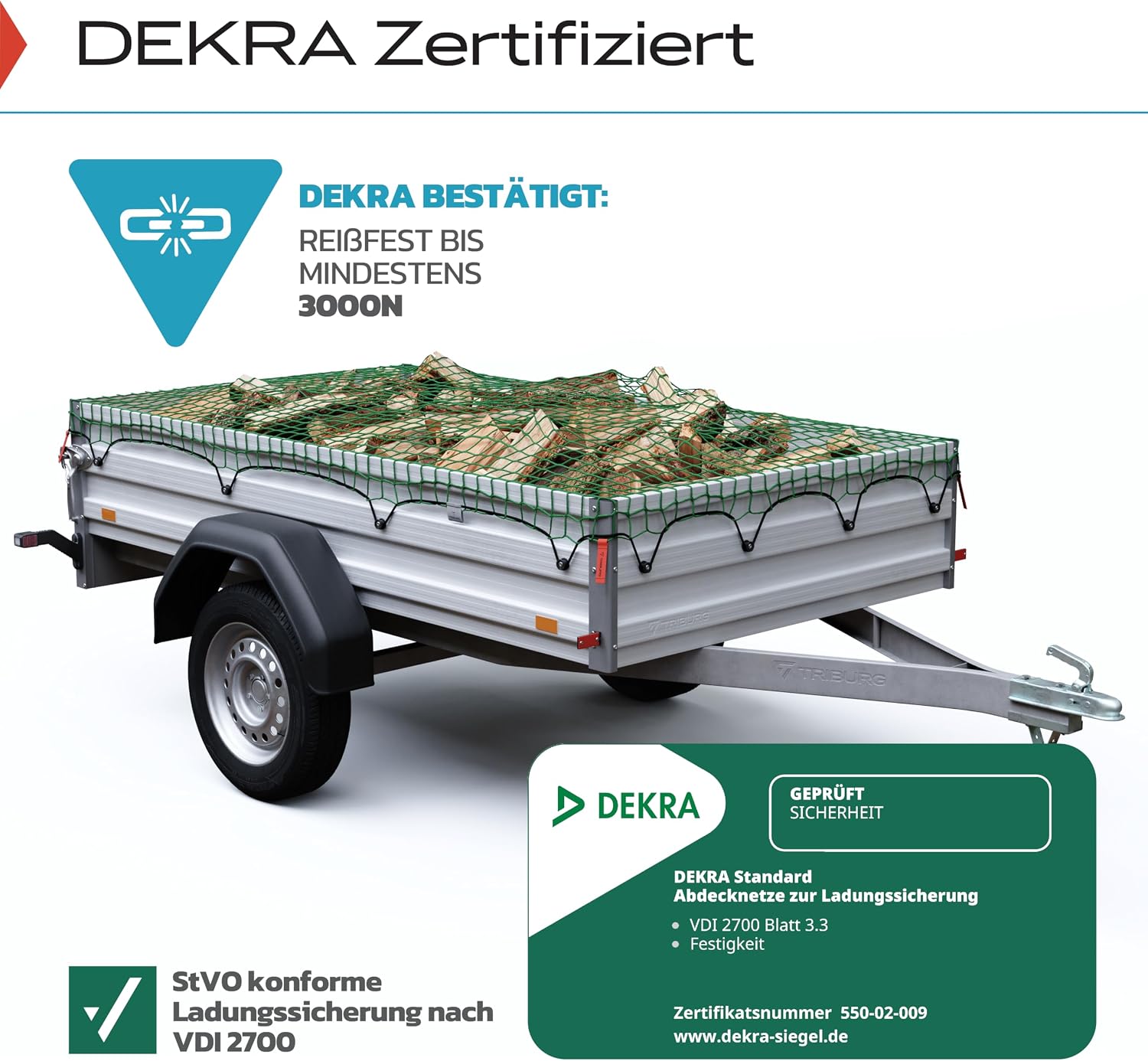 Detalle de Anhängernetz 2x3 DEKRA Geprüft mit Eckmarkierungen – TRIBURG, universell 2x3 m