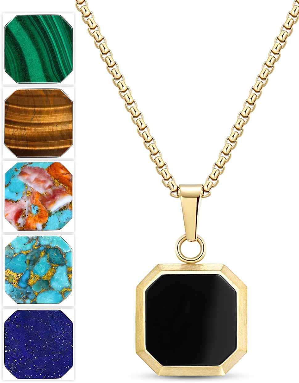 Detalle de TUNGSTORY Edelstahl vergoldete Halskette mit schwarzem Onyx (45 + 6 cm) – minimalistisch, Unisex