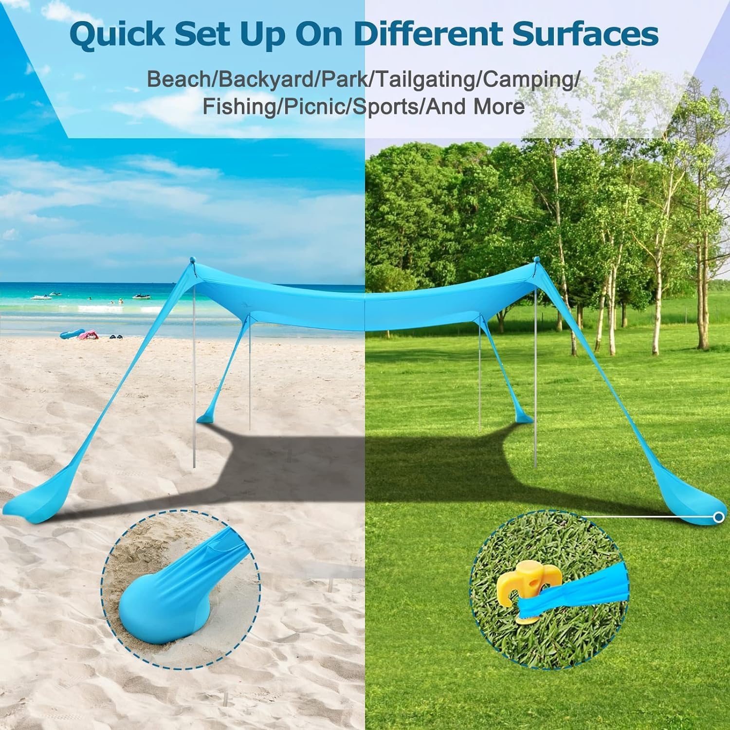 Thumbnail 3 de COMMOUDS Sonnenschutz Strandzelt UPF50+ 3x3 m – Strand mit 4 Aluminiumstangen, Sandsäcke und Tragetasche