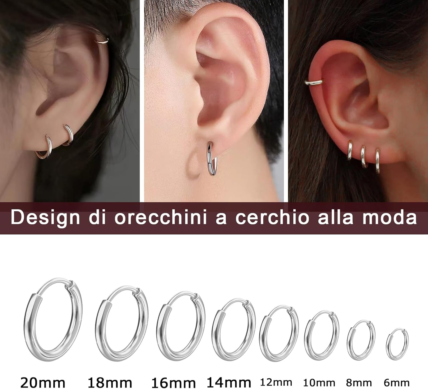 Detalle 2 de 8 Paia di Orecchini in Acciaio Inossidabile 316L: Cerchi Chirurgici Ipoallergenici 6–20 mm