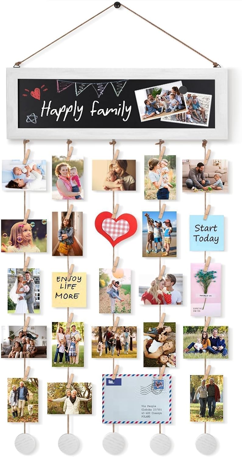 Detalle de VINCOURNA houten wandfotobord met 30 fotoklemmen en schrijfvlak
