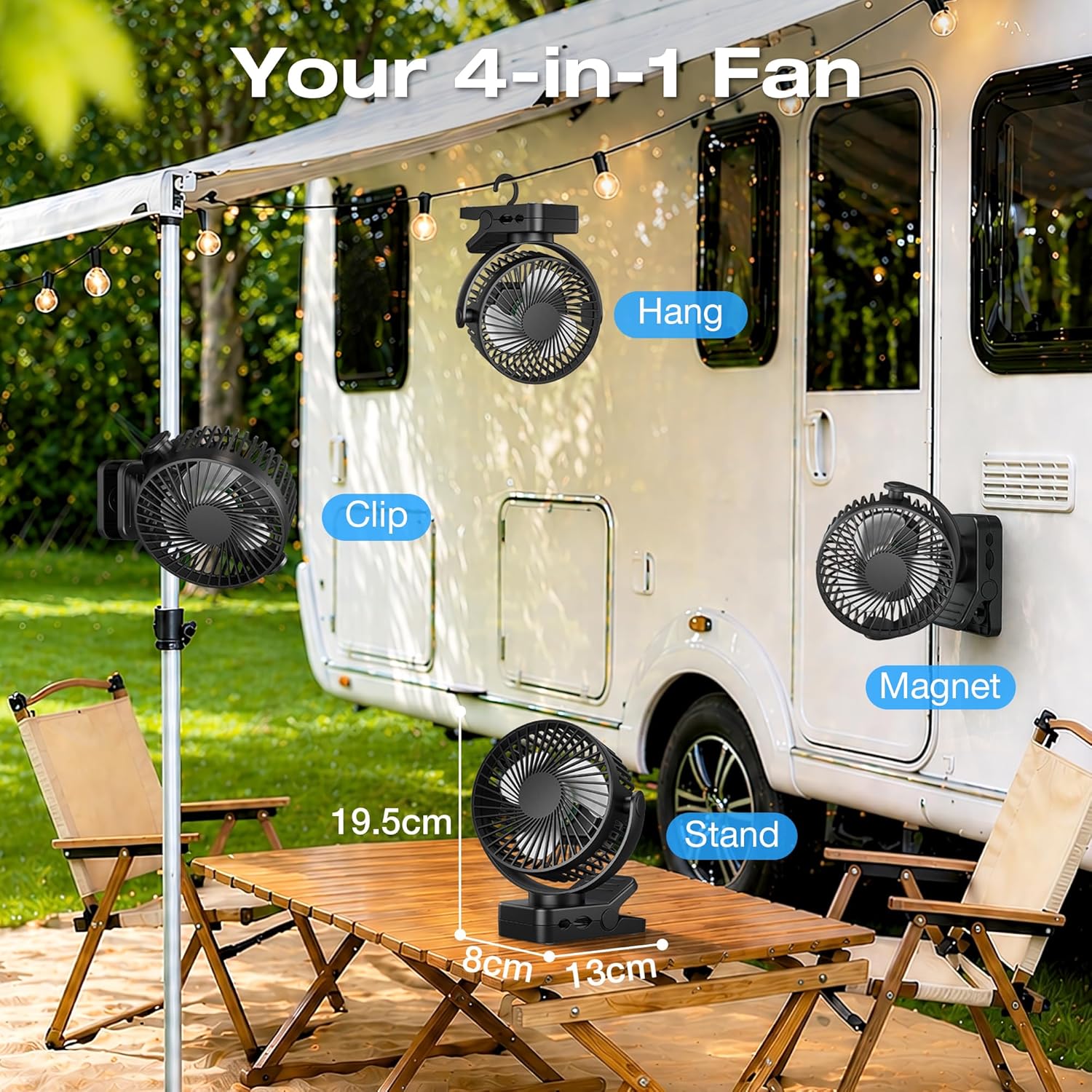 Detalle de Ventilatore da Tavolo 4 in 1 USB – Ventilatore Portatile 12000mAh con Telecomando, LED e Rotazione 360°