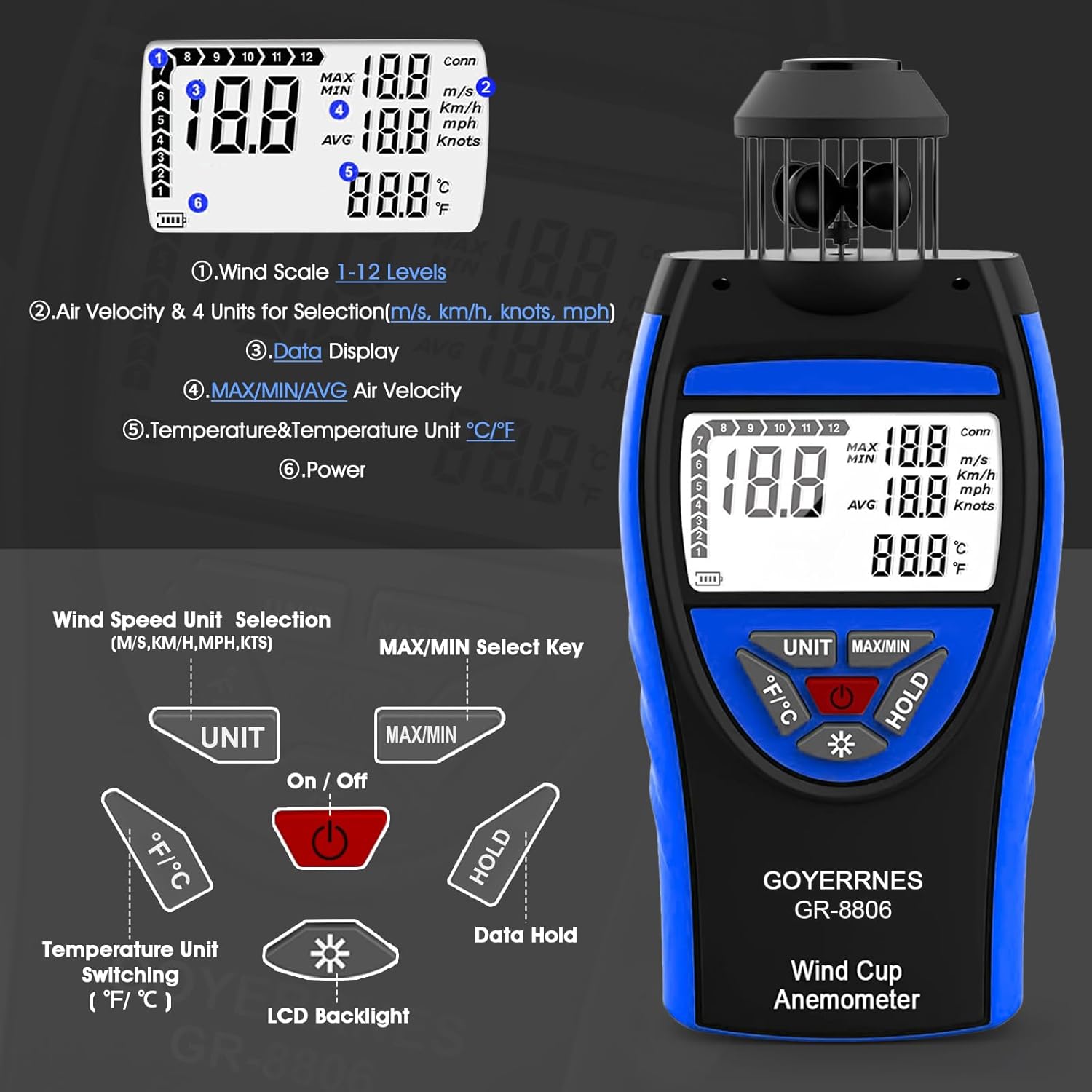 Detalle 2 de Anemometer Windmesser GR-8806 – Handheld, präzise Wind- und Temperaturmessung mit LCD und Stativanschluss
