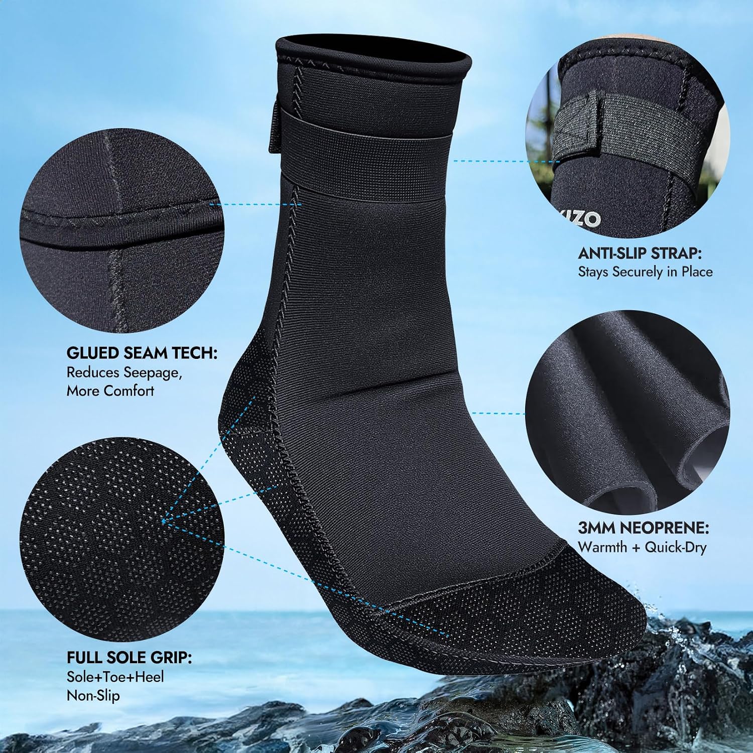 Thumbnail 4 de PAWHITS 3mm neoprene wetsuit socks with anti-slip sole and ankle strap for scuba, snorkelling and watersports