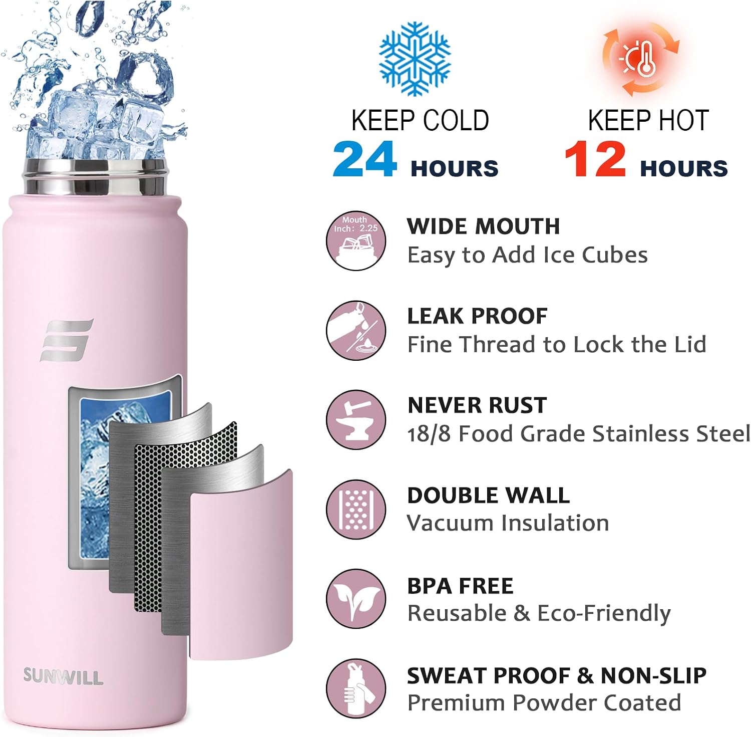 Thumbnail 2 de SUNWILL WaterBottle 22 oz Insulated Stainless Steel Bottle with Two Lids