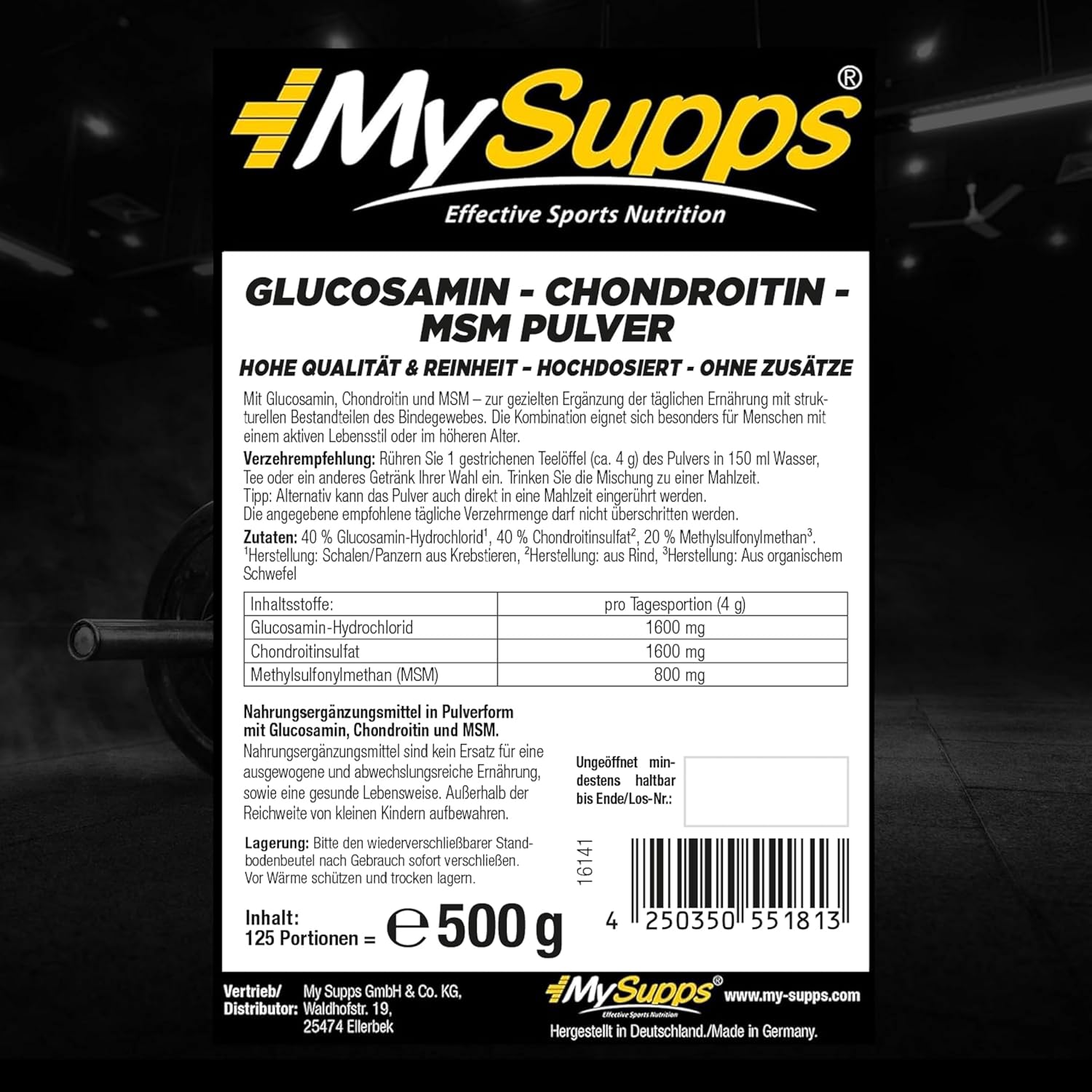 Detalle de My Supps Glucosamin Chondroitin MSM Komplex l 500 g – hochdosiert, neutral löslich, Made in Germany