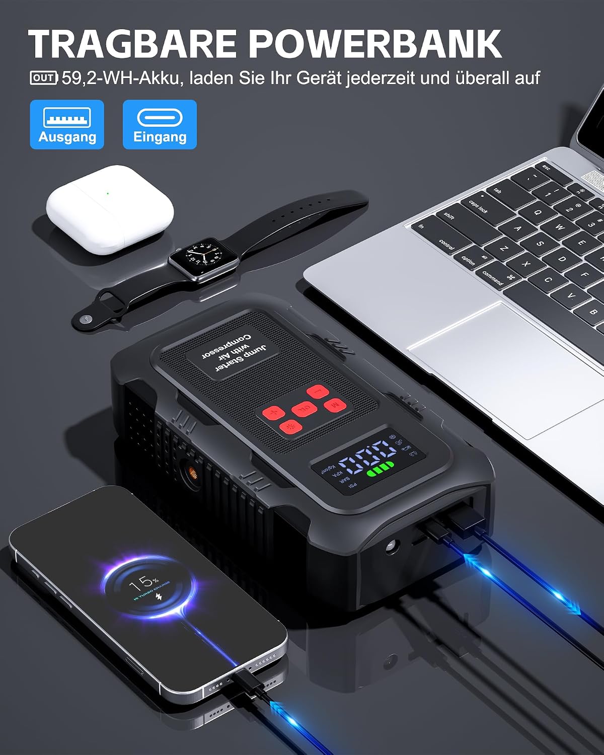 Detalle de Povasee Starthilfe Powerbank für Pkw mit Kompressor – 6000A, 150 PSI, LED-Beleuchtung, USB-C