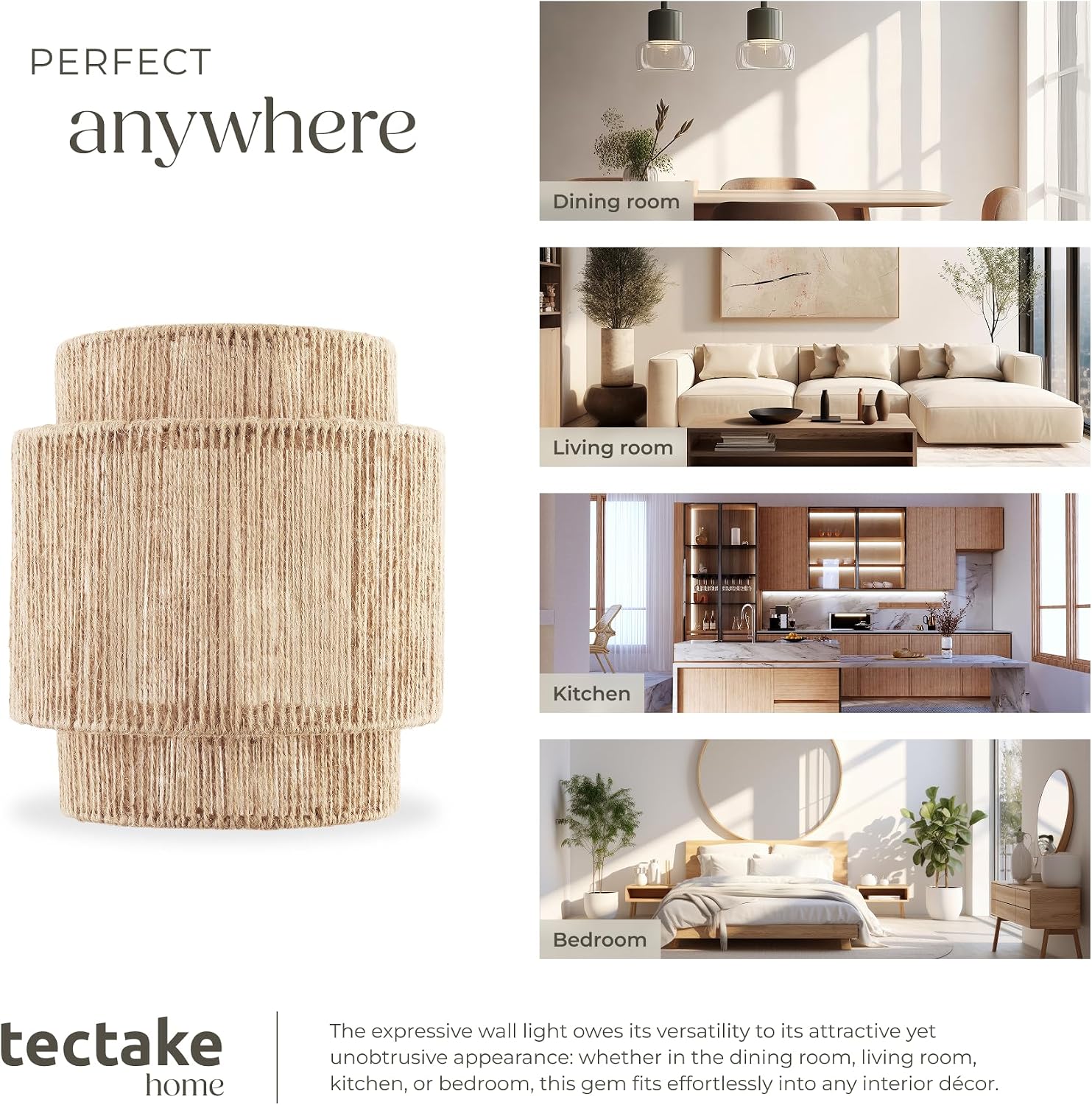 Detalle de tectake Lignea Lux 406074 vägglampa i jute, E14-sockel, upp till 40 W