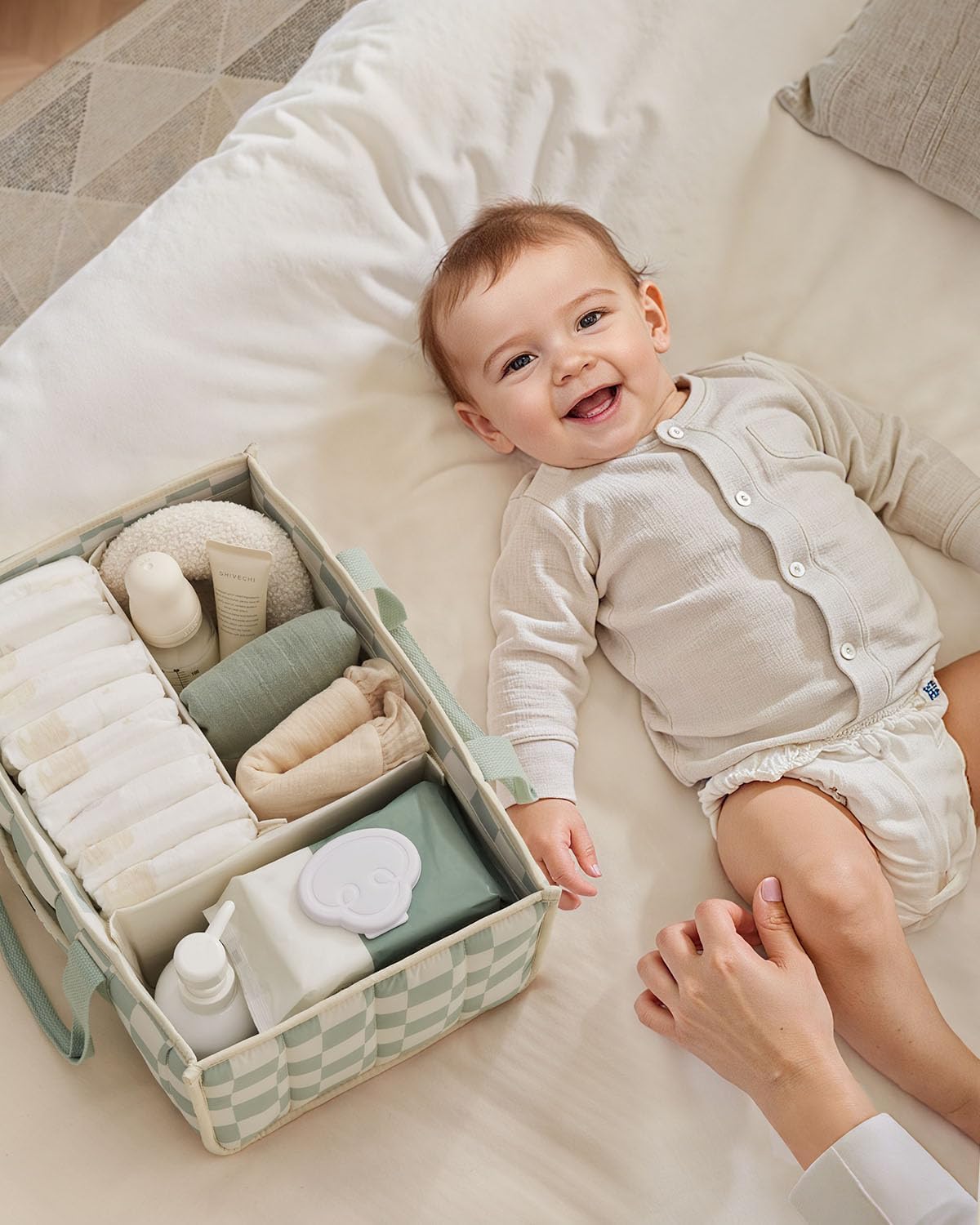 Thumbnail 5 de Blissful Diary Nappy Caddy Organiser in Sage Green Checkered