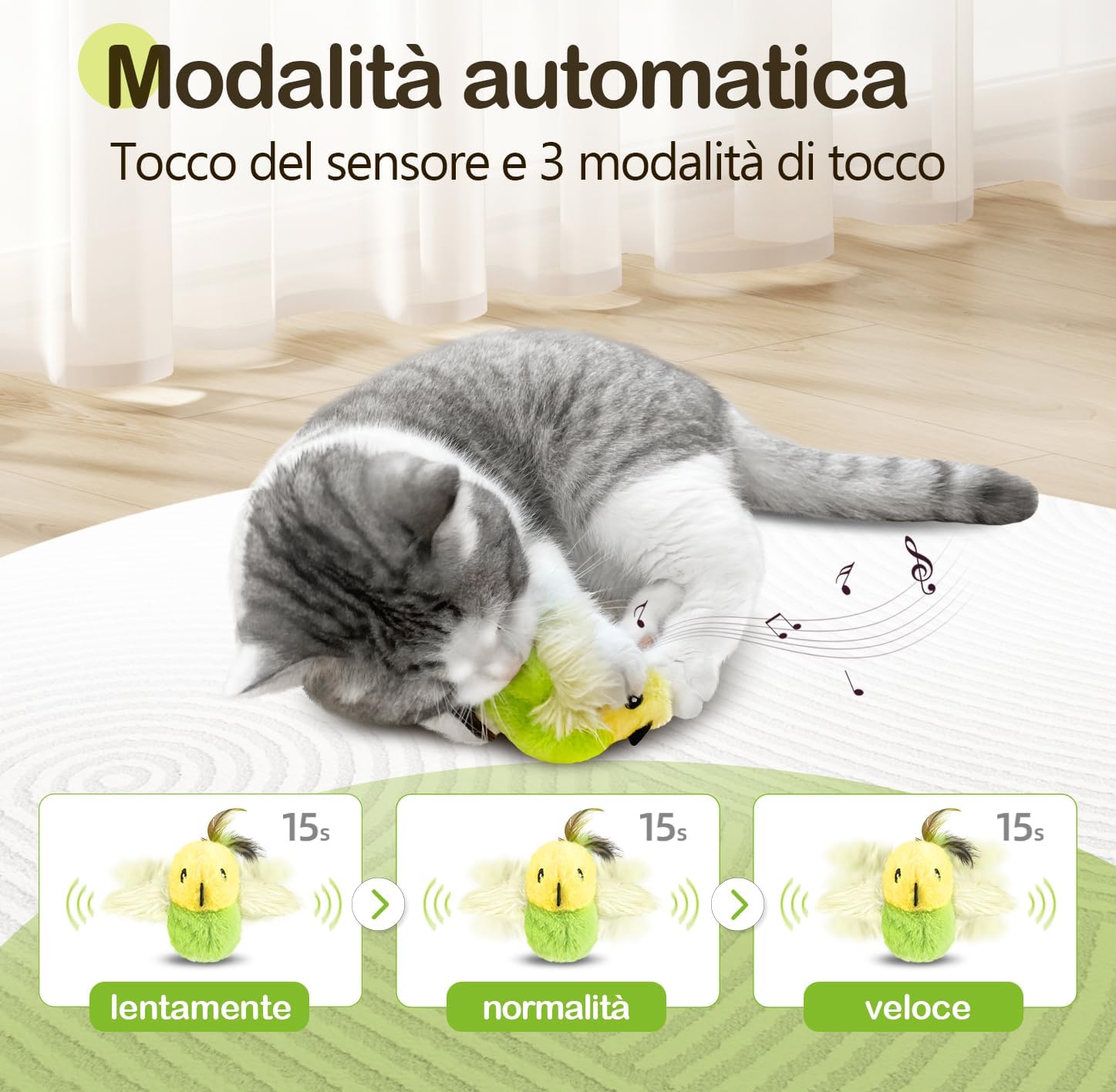 Detalle de Migipaws Giocattolo interattivo per gatti – Flappy Bird 3 in 1, elastico da 80 cm, cinguettio e erba gatta