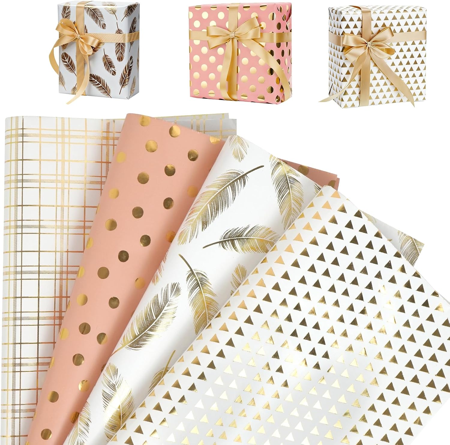 KNJOMZIE Geschenkpapier Set 8 Blatt 70x50 cm – Weiß-Goldfolie, hochwertiges Kupferpapier