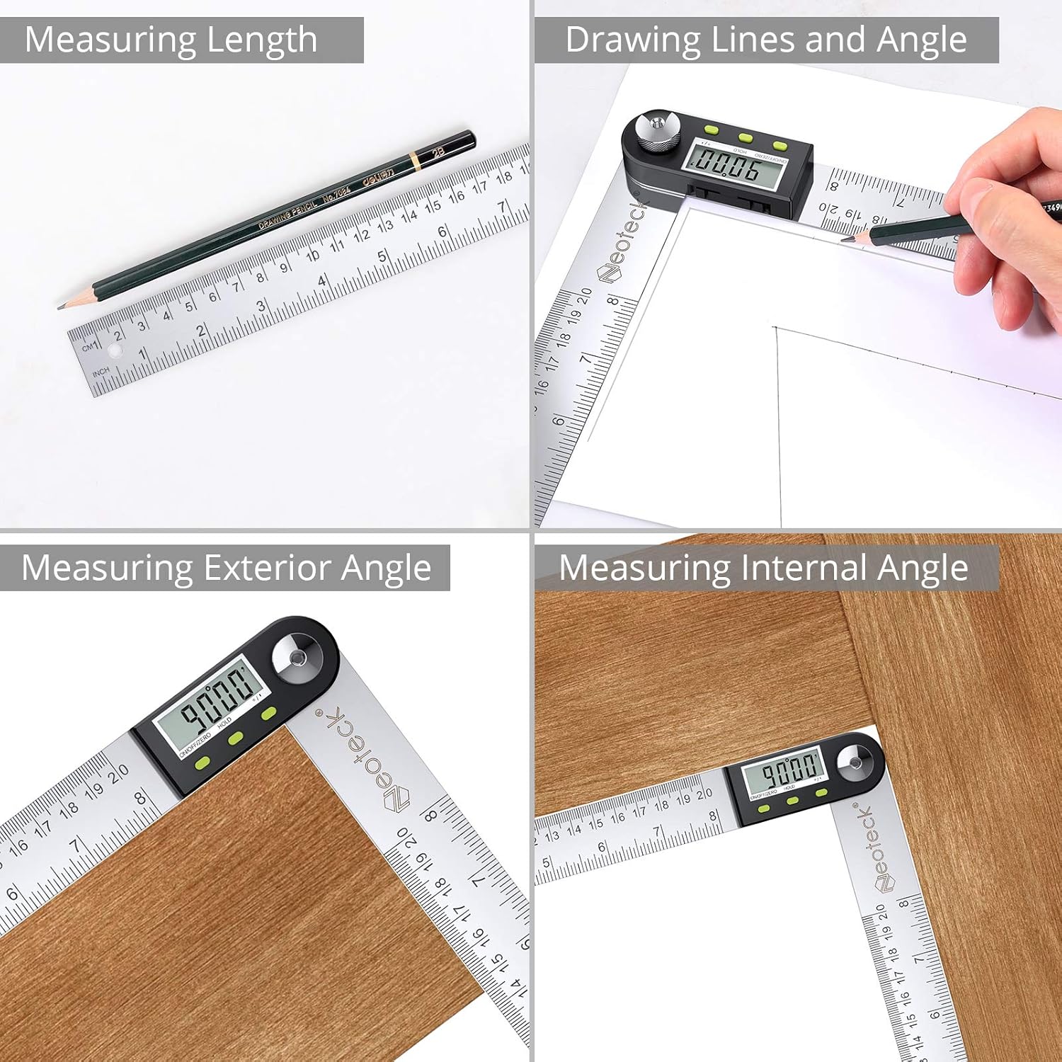 Detalle de Neoteck 8 inch Digital Angle Finder Ruler – Stainless Steel Inclinometer with Data Hold