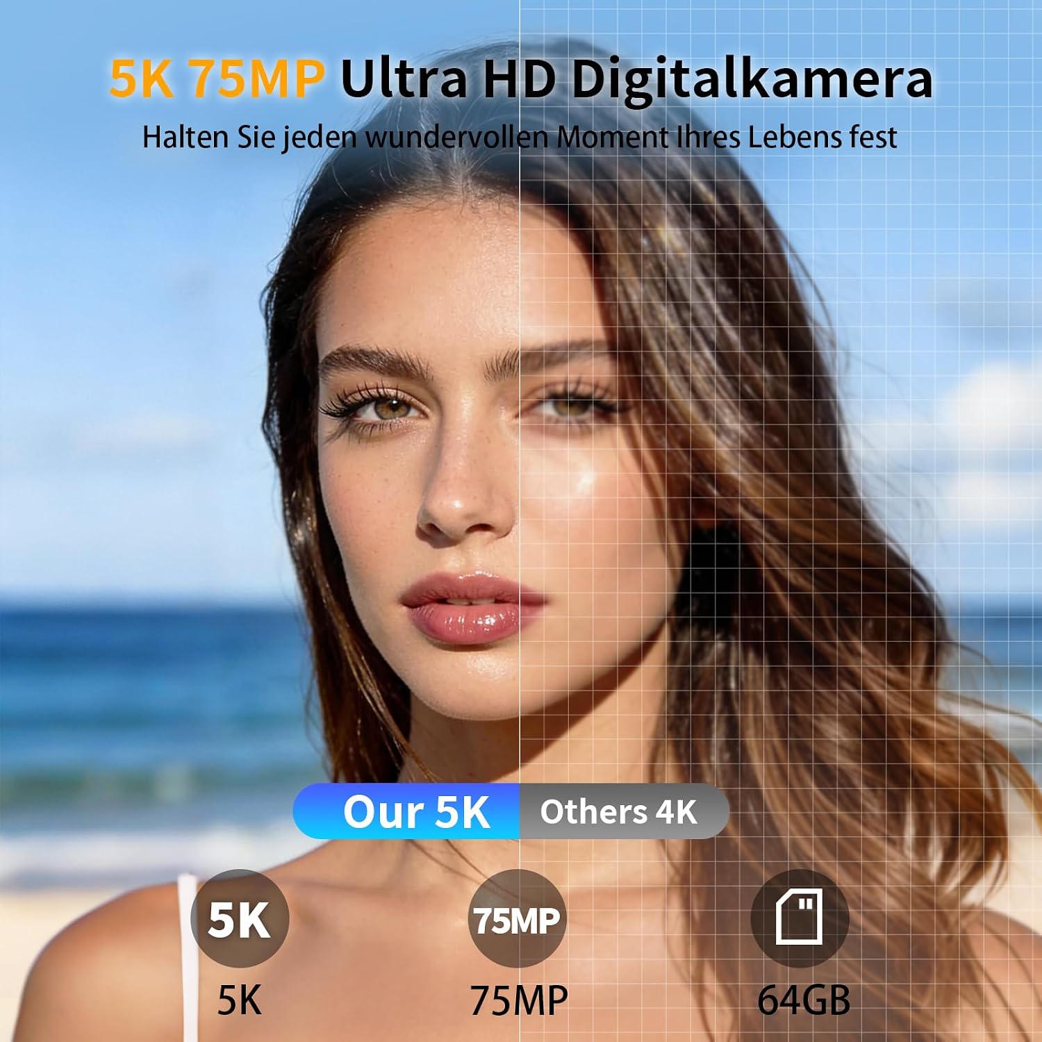 Detalle 2 de Digitalkamera 5K 75MP Dual-Kamera mit WLAN – ideal für Einsteiger mit Vlogging-Ansatz