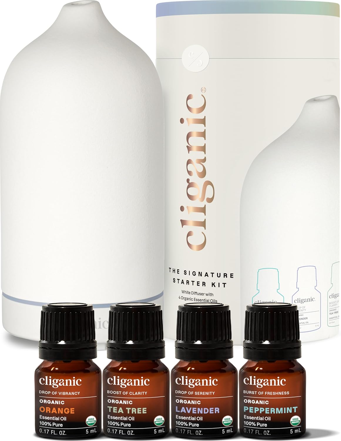 Cliganic Signature Essential Oils Diffuser Set: White Ceramic Diffuser with LED and Peppermint, Lavender, Tea Tree & Orange Oils