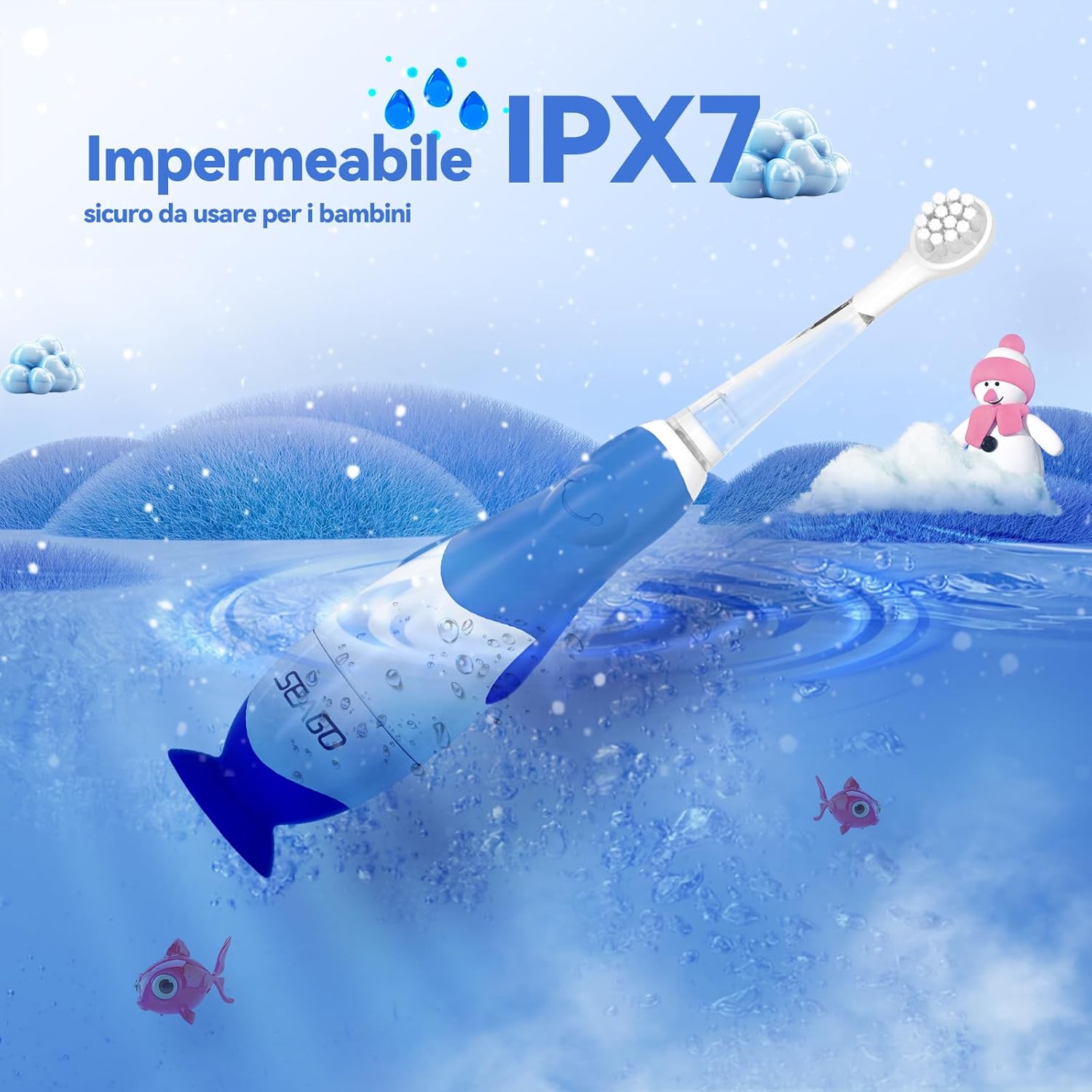 Detalle de Seago Spazzolino elettrico per bambini con design a pinguino, luce LED, timer 2 minuti e testina morbida (con spazzolino di ricambio) – IPX7