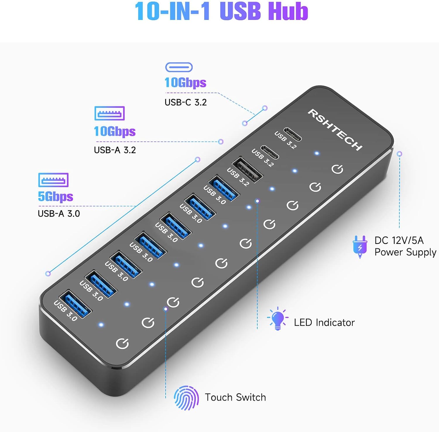 Thumbnail 1 de RSHTECH Powered USB-C Hub 3.2 10-Port USB-C