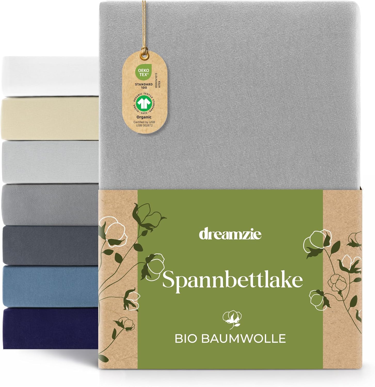 Detalle de Dreamzie Premium Spannbettlaken 90–100x200 cm – Grau, 100% Bio-Baumwolle, 150 g/m², OEKO-TEX