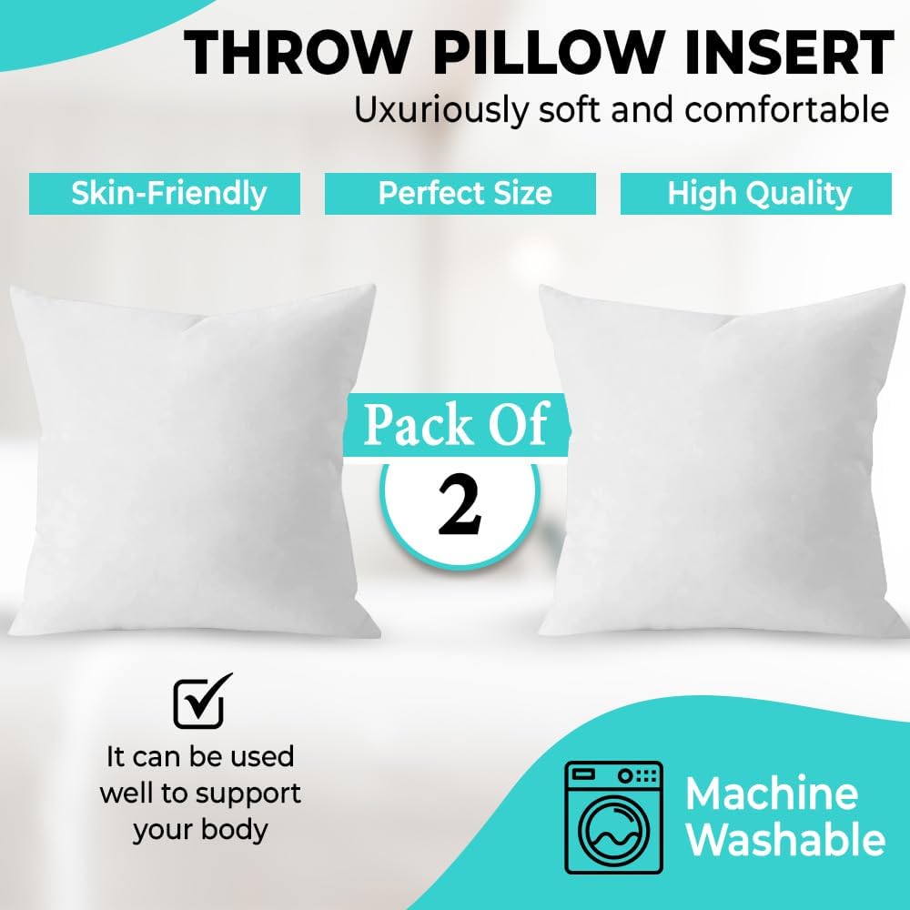 Detalle de QUBA LINEN 18 x 18 Throw Pillow Insert – Pack of 2 White, Down Alternative
