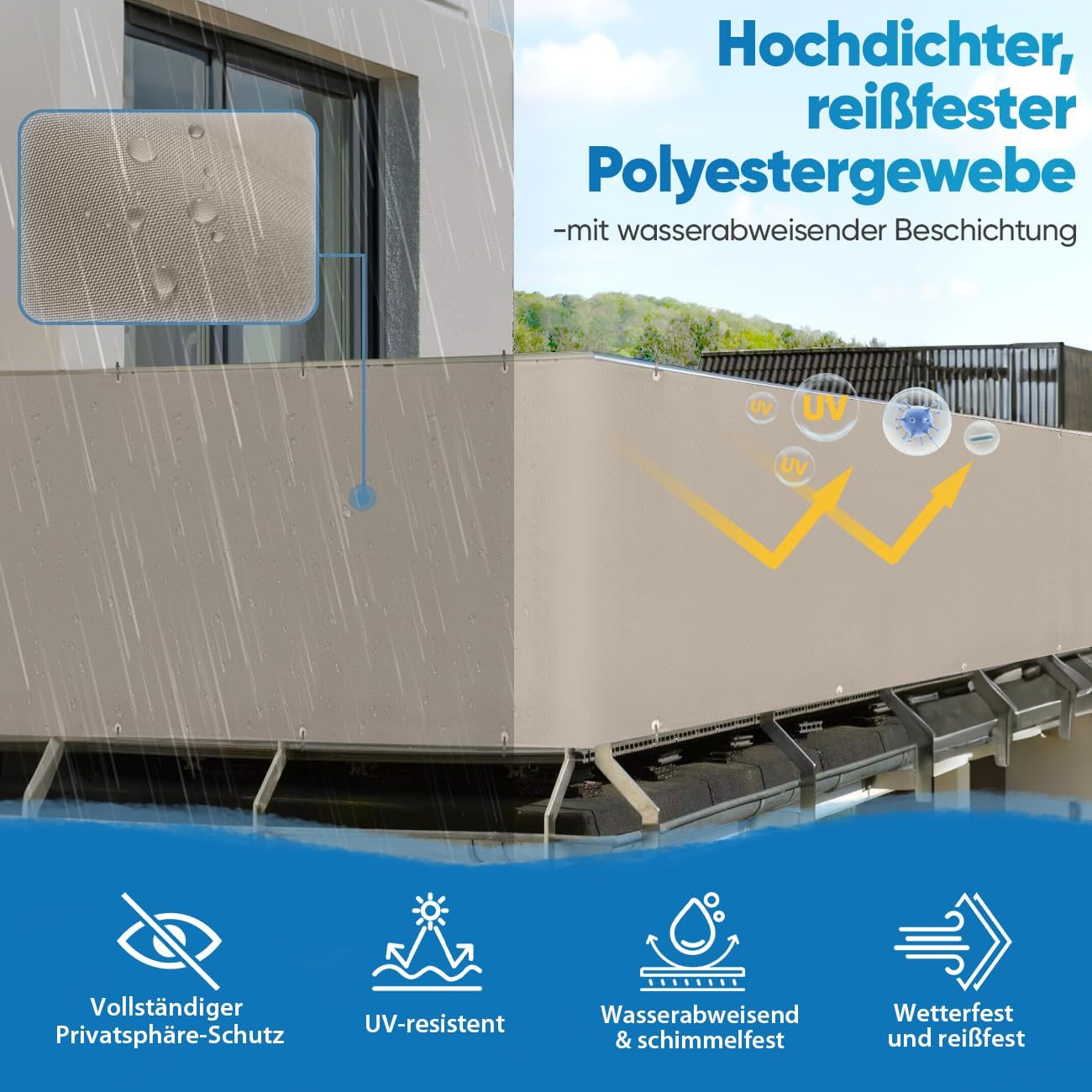 Thumbnail 2 de Sekey Sichtschutz für den Balkon (0,9 × 4 m) in Taupe – blickdichte Wind- und UV-Balkonabdeckung mit Ösen