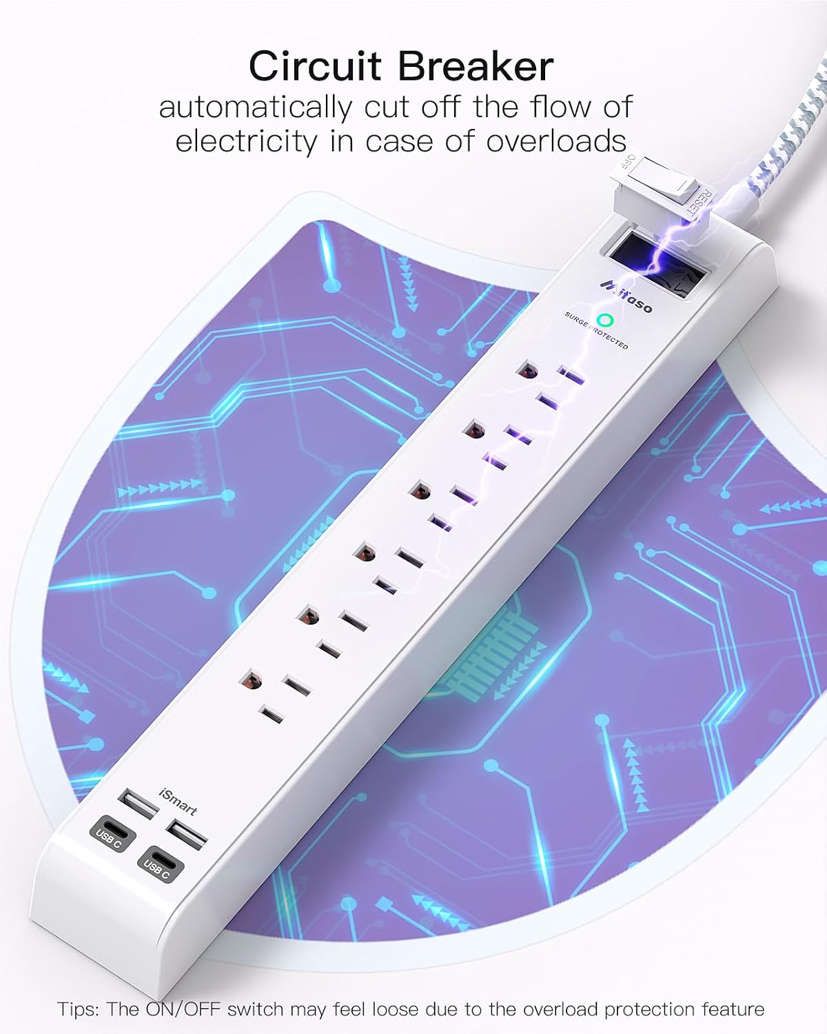 Thumbnail 5 de mifaso THU6046F Power Bar 2-Pack, 12 ft Braided Cord, 6 Outlets & 4 USB Ports