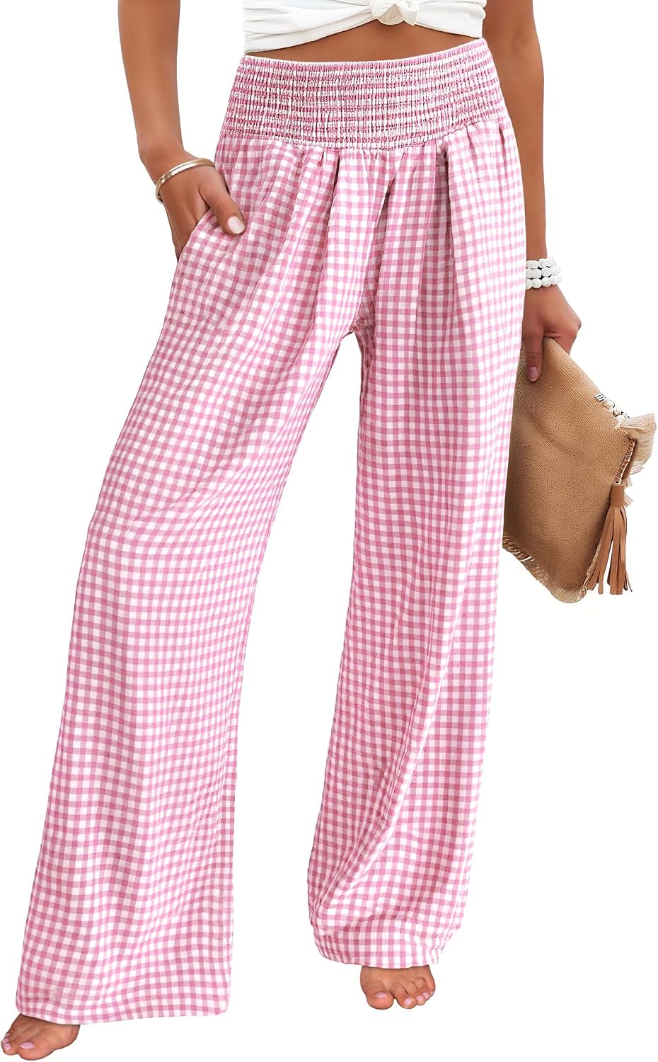 Detalle de ANRABESS Striped Gingham Palazzo Pants – Wide Leg, Smocked High-Waisted Pajama & Lounge Pants