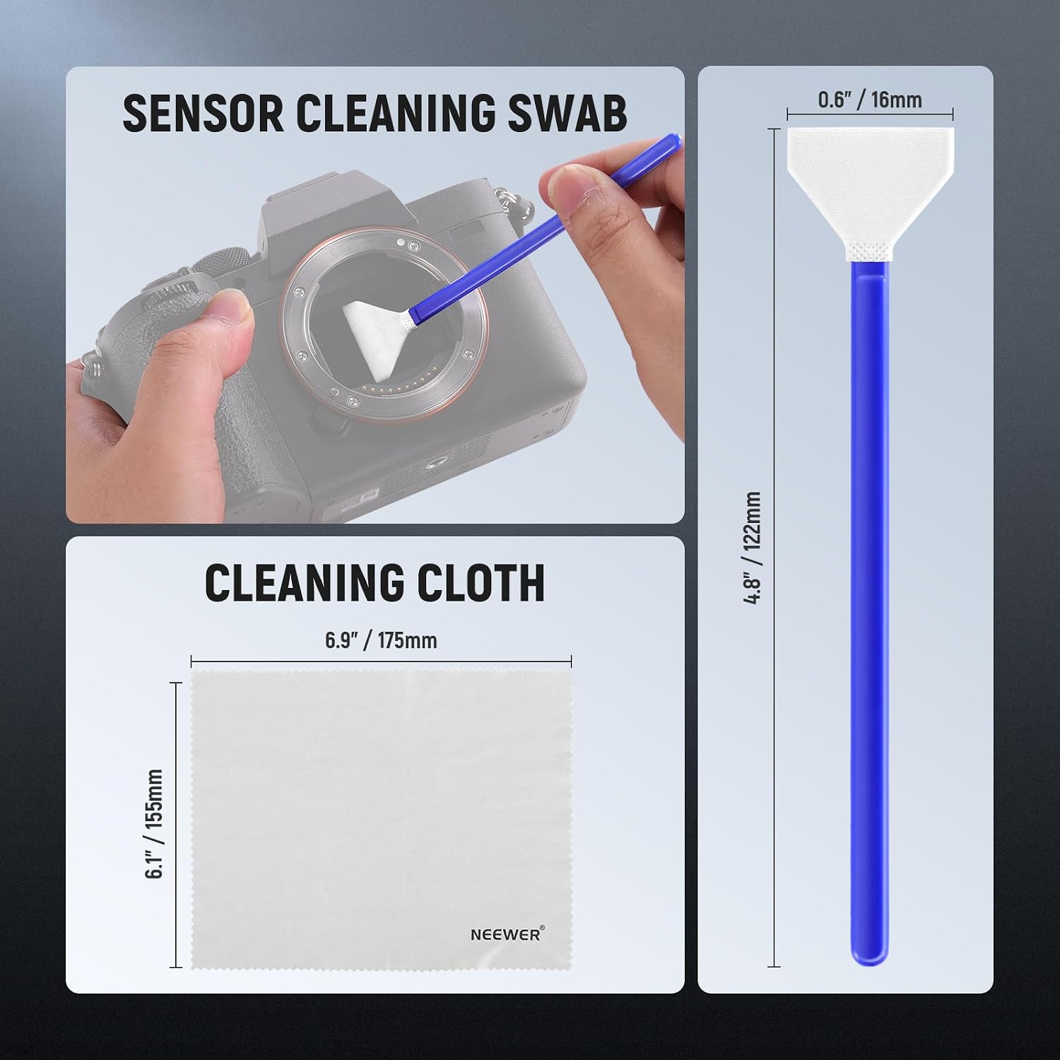 Detalle 2 de NEEWER Kit de nettoyage d’objectif 12 en 1 pour DSLR et capteurs APS-C (HM-47) : 10 tampons + spray sans alcool + chiffon