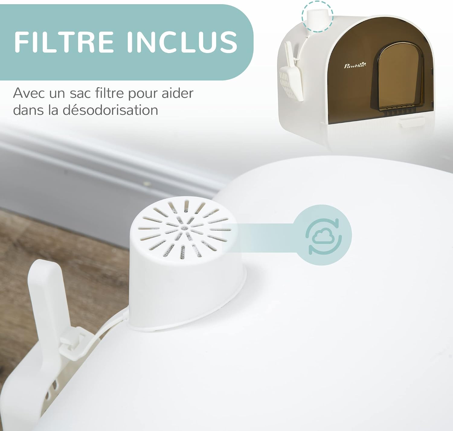 Detalle de PawHut bac à litière pour chat maison de toilette avec porte battante, pelle et filtre inclus (43 × 44 × 47 cm) – Blanc
