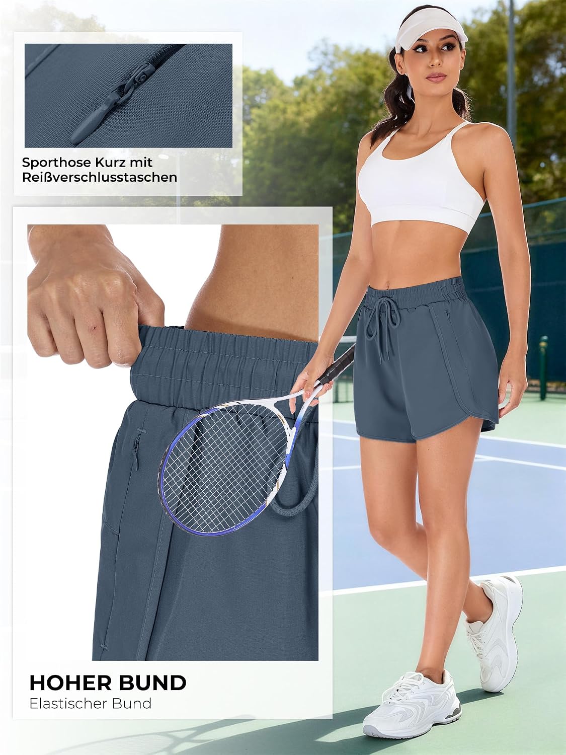 Detalle de StylSense Damen-Sporthose Kurz High Waist 2-in-1 Schnelltrocknend – mit Reißverschlusstaschen