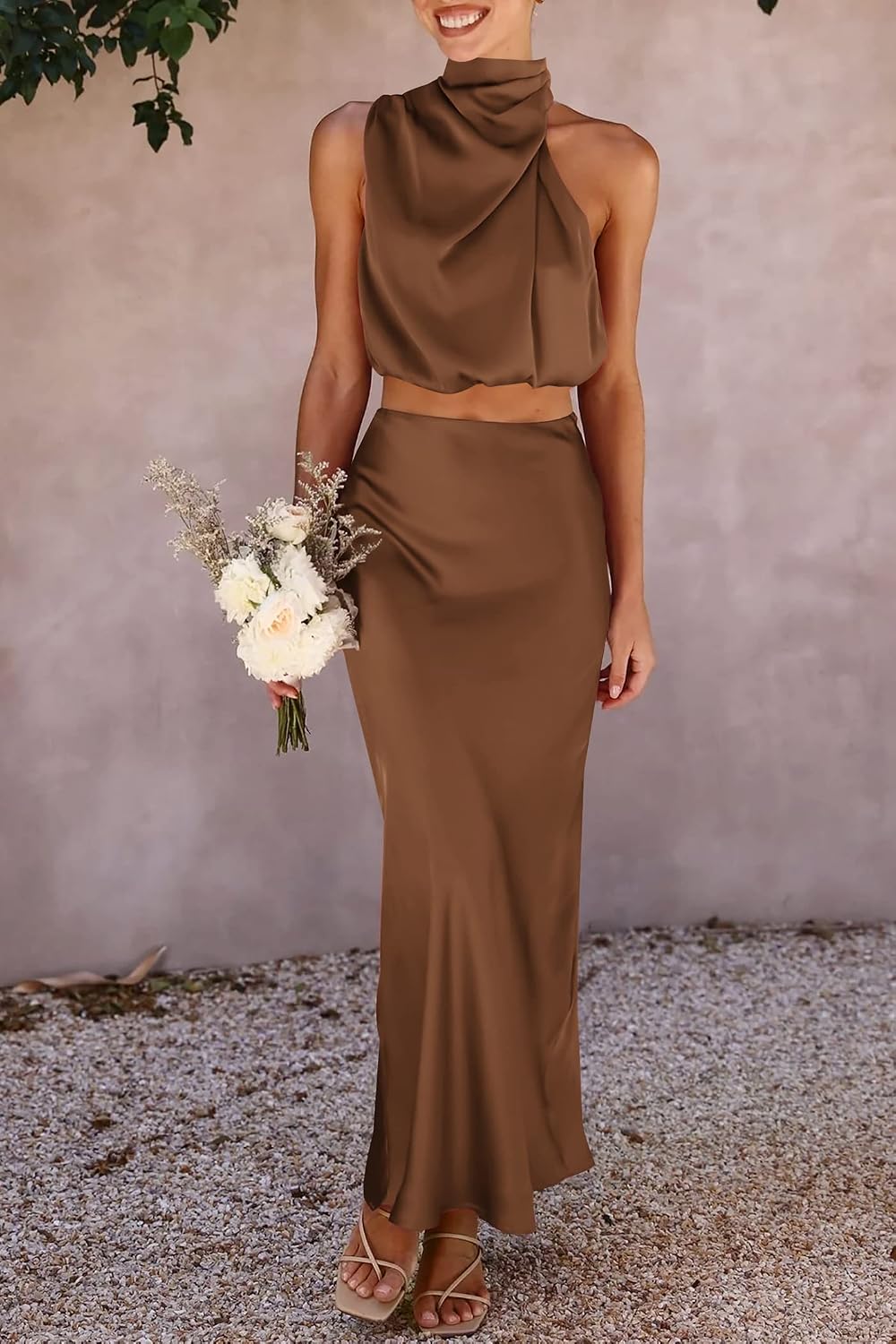 Thumbnail 6 de PRETTYGARDEN Women's Satin 2-Piece Outfit: Mock Neck Crop Top & Long Skirt Set