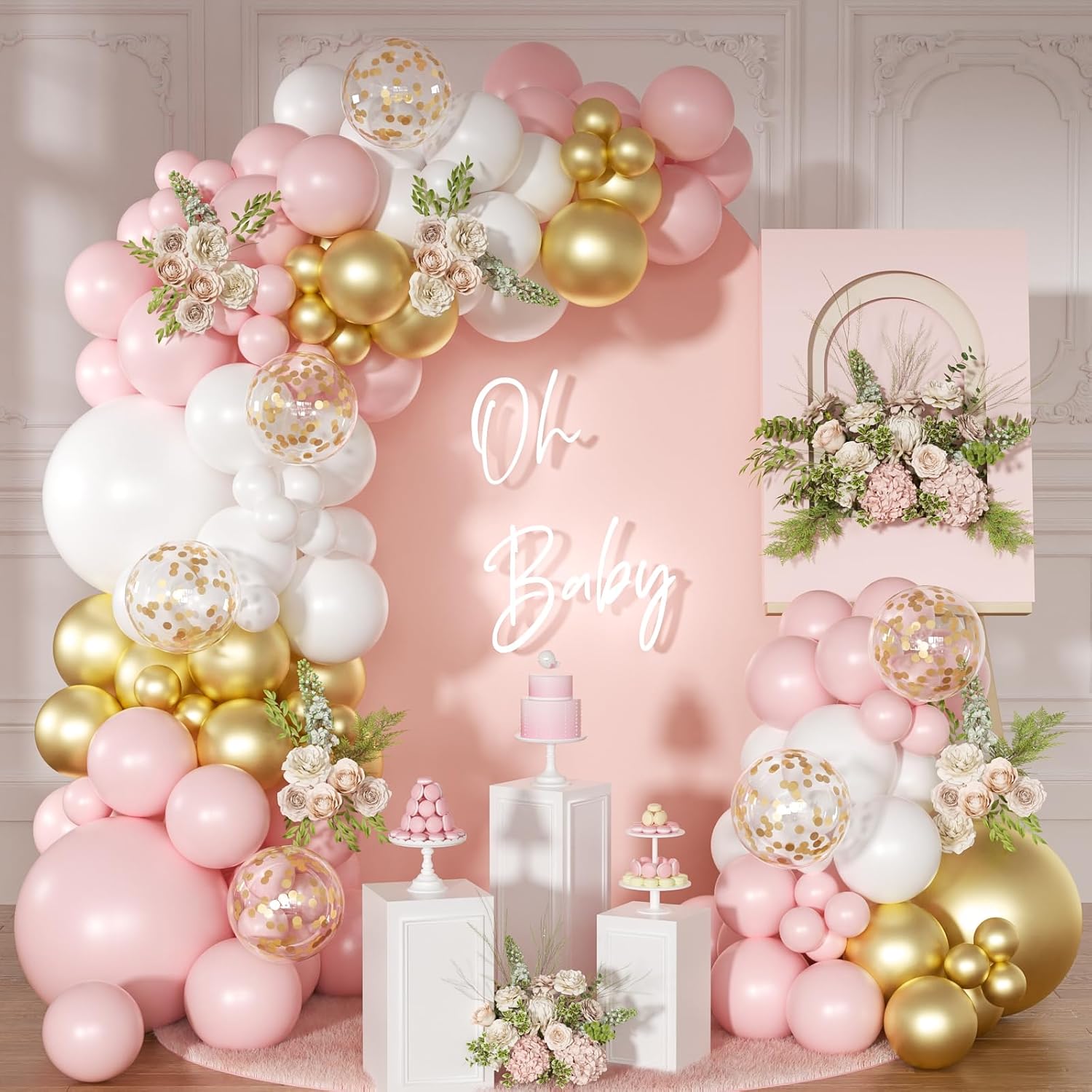 Detalle de Pink and White Balloon Arch Kit, 138 Pcs: Pastel Garland for Birthdays, Baby Showers, Weddings