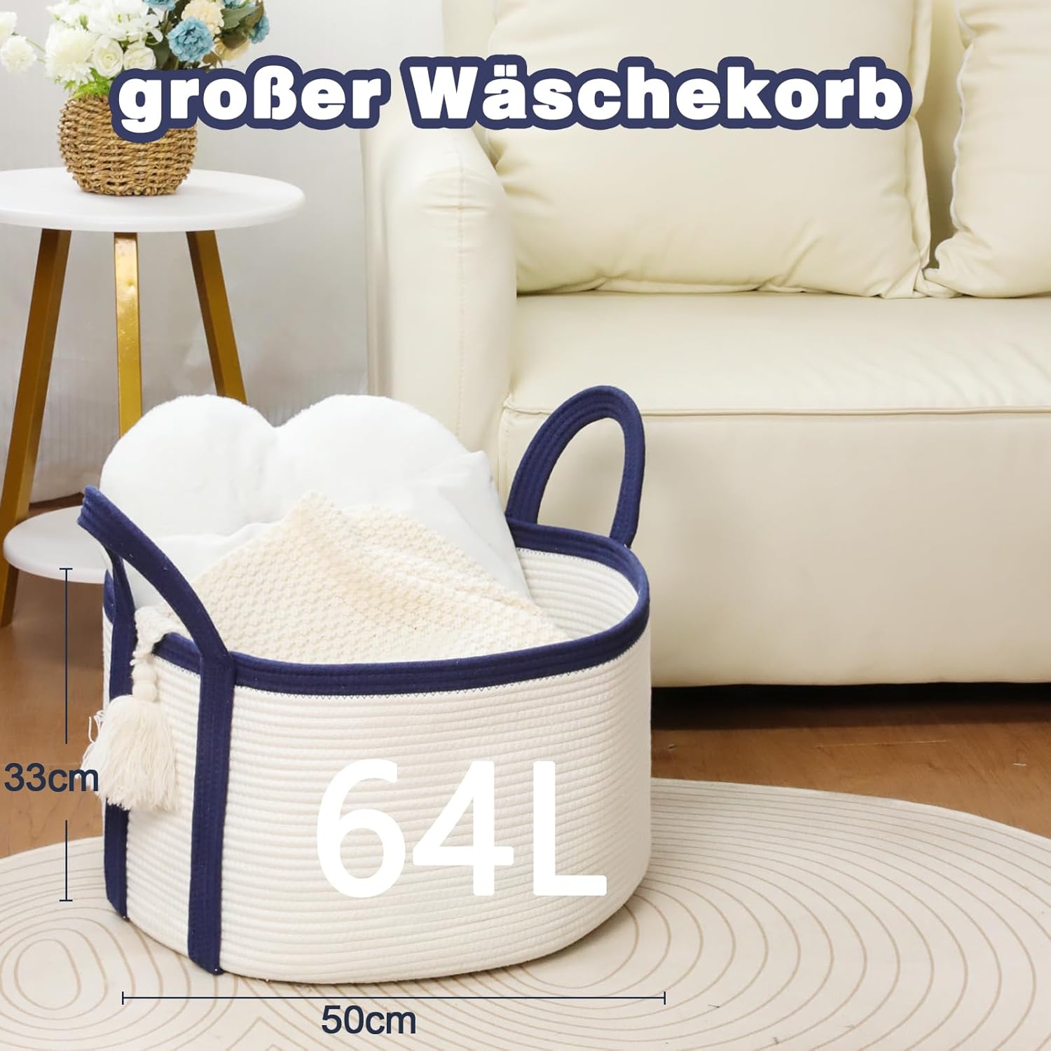 Thumbnail 2 de Danpinera 64L Large Cotton Laundry Basket with Handles – Round Woven Storage for Bedroom, Nursery and Living Spaces