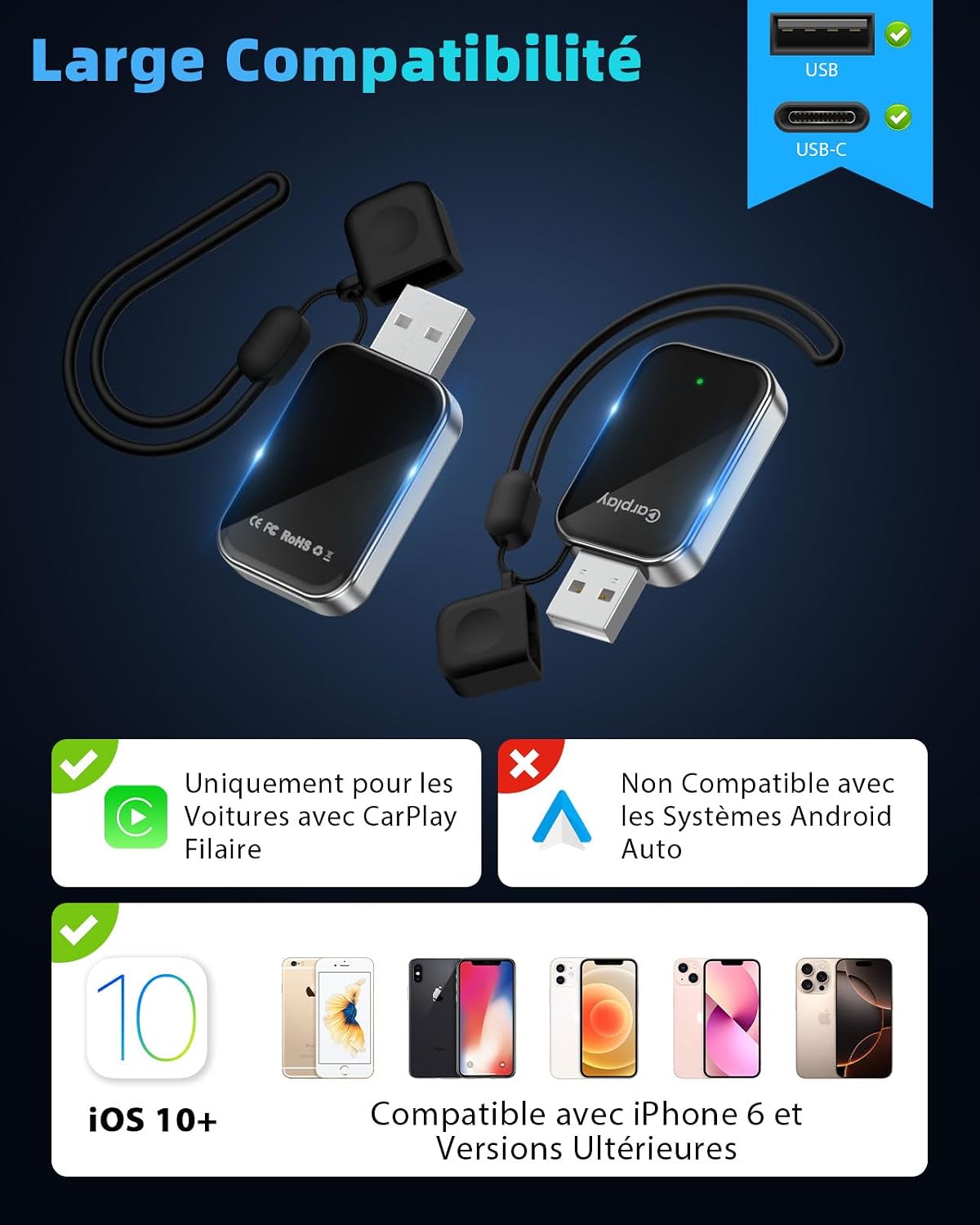 Thumbnail 6 de Adaptateur CarPlay sans Fil pour Apple iPhone – 2025 (Plug & Play, WiFi 6 / Bluetooth 5.3)