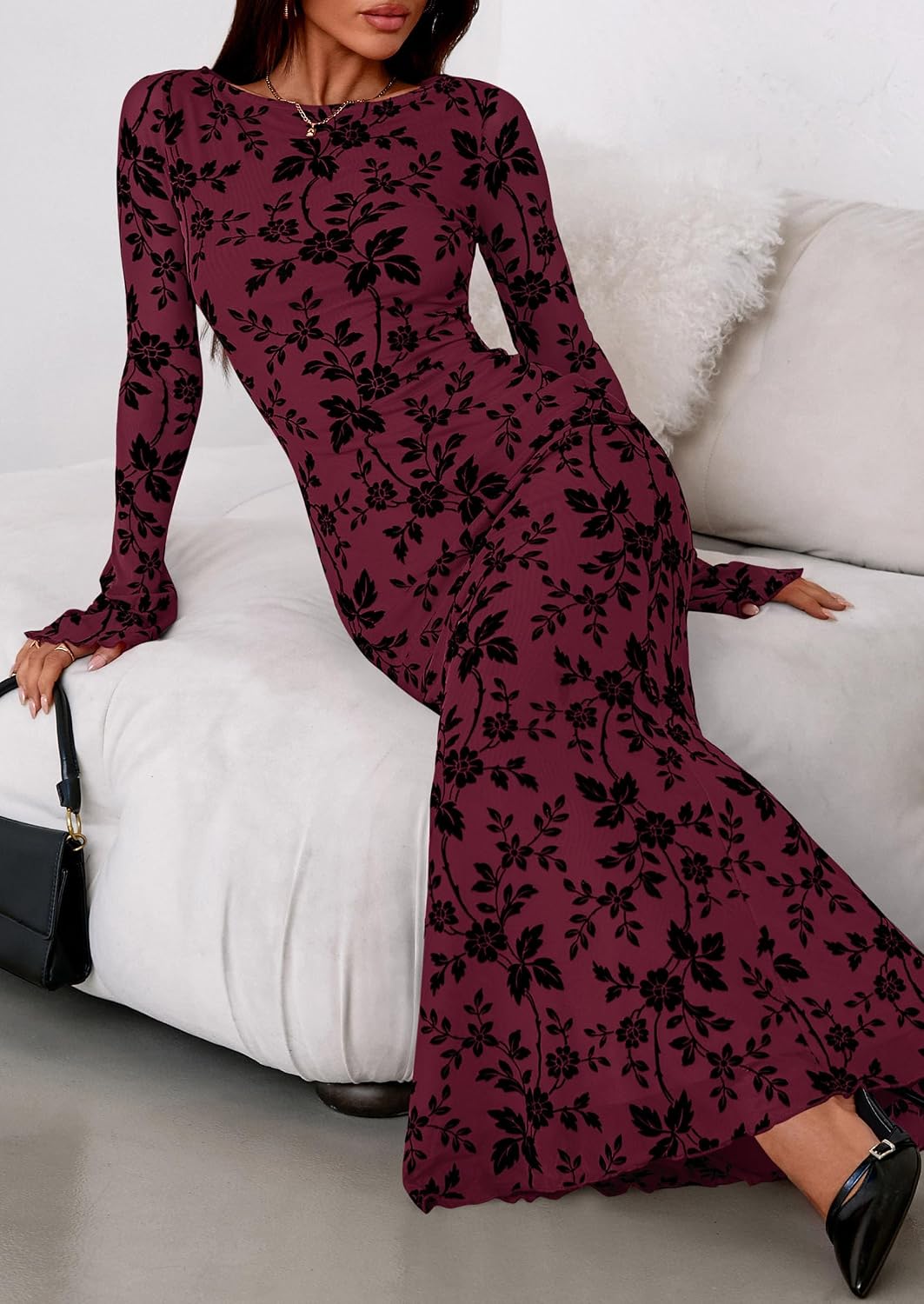 Detalle de PRETTYGARDEN Floral Bodycon Maxi Dress, Boat Neck, Long Sleeve Mesh