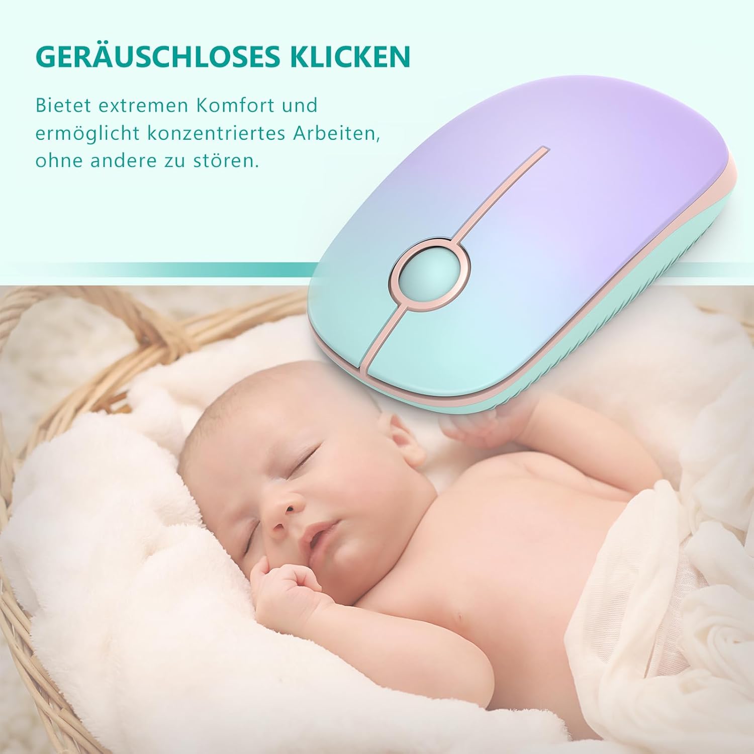 Detalle de Seenda kabellose Maus 2,4G, 1600 DPI – leise, rechts- und linksseitig nutzbar, 18 Monate Akkulaufzeit (Grün & Lila)