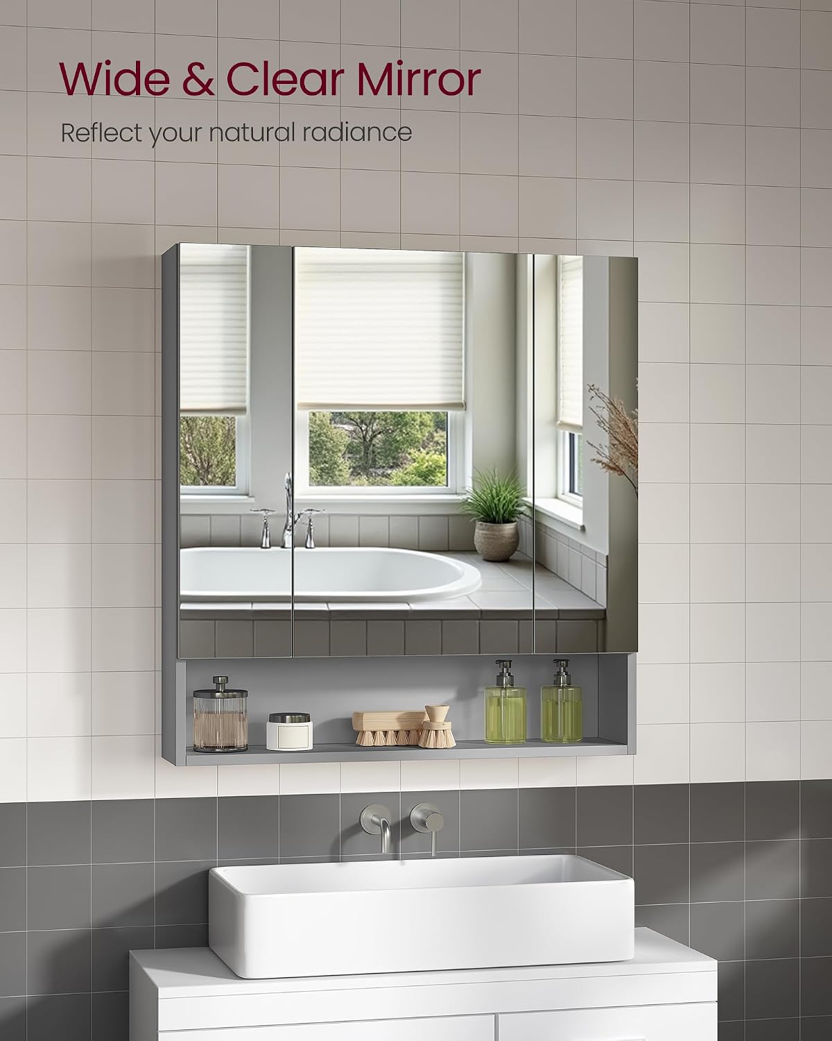 Detalle 2 de VASAGLE KAILYN BBK129G01 Bathroom Mirror Cabinet, Dove Grey, 70 x 16.5 x 75 cm