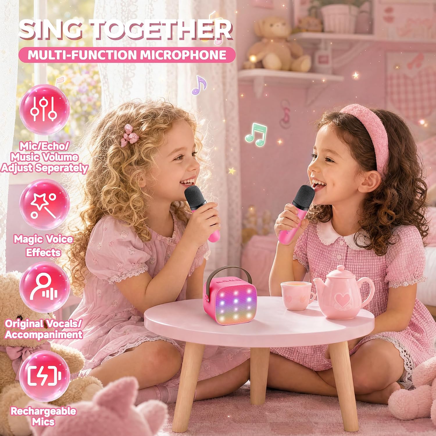 Thumbnail 6 de YLL Mini Children's Karaoke Machine with 2 Microphones (Hotpink) – Portable 4-Voice Fun for 3–12+