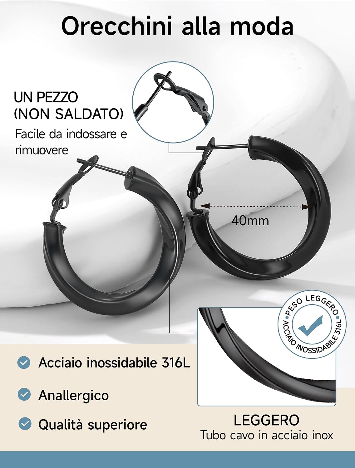 Detalle de PROSTEEL Orecchini a cerchio vuoti in acciaio inox 316L oversize (30/40/60/80 mm) Y2K