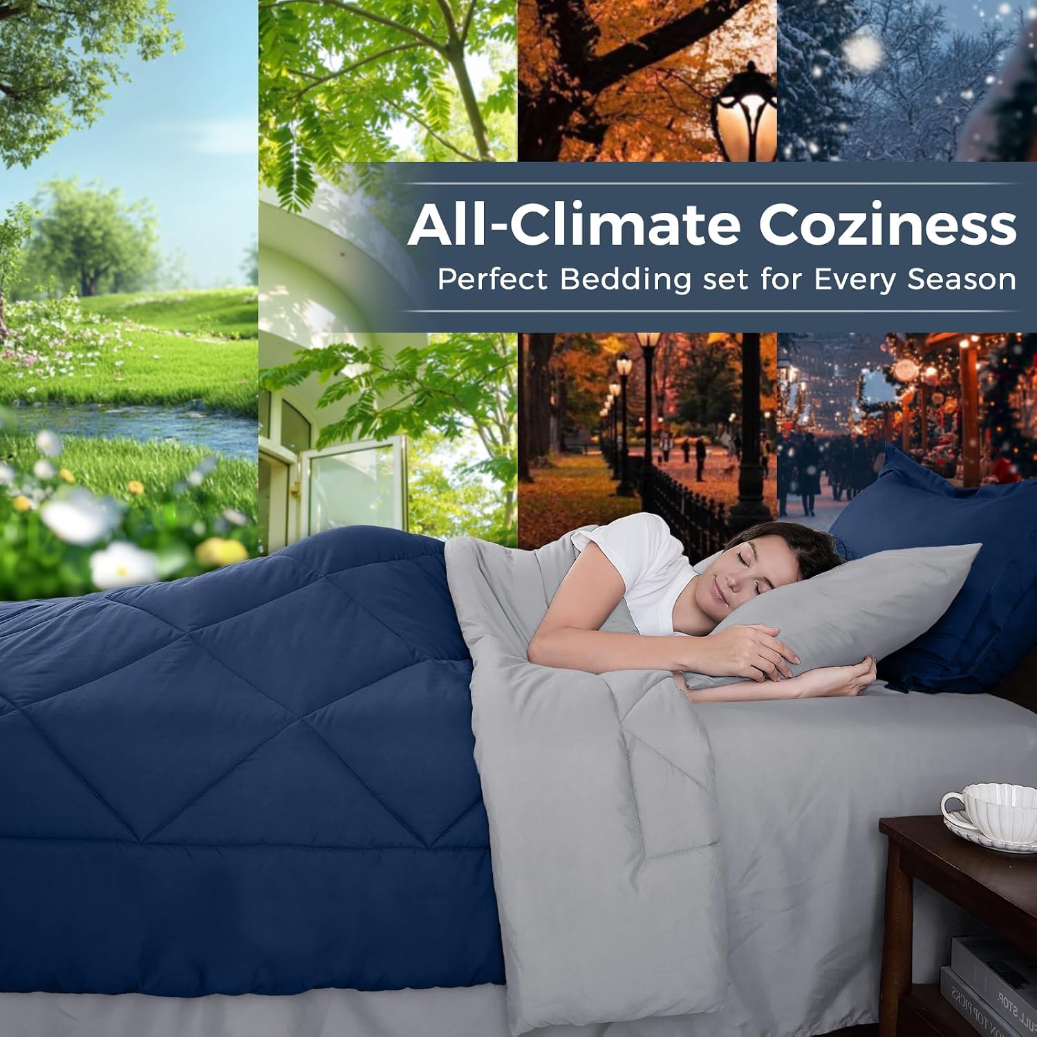 Thumbnail 2 de HEVUMYI Queen Comforter Set - 7-Piece All Season Bed in a Bag (Navy Blue & Light Grey)