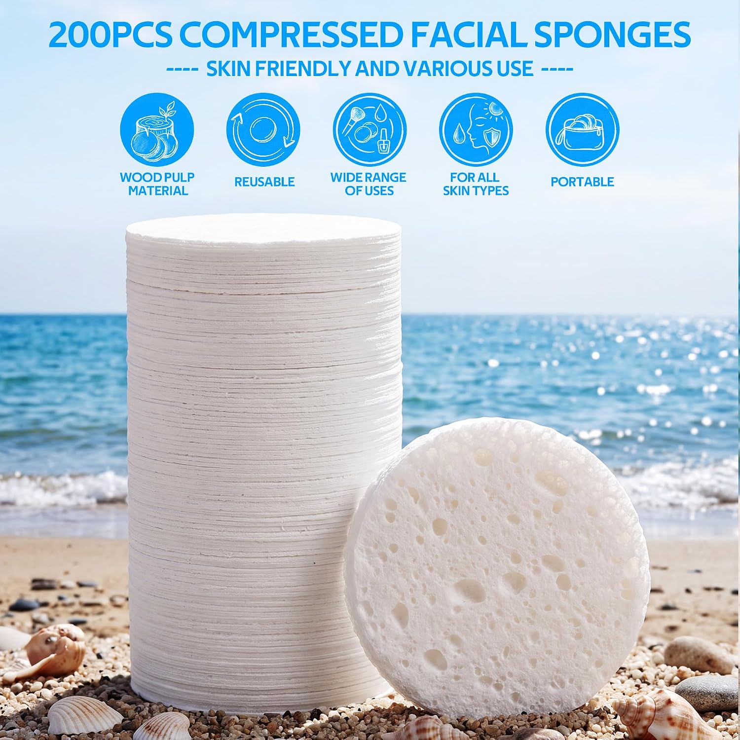 Detalle de GAINWELL Compressed Facial Sponges, 200-Count White Cellulose