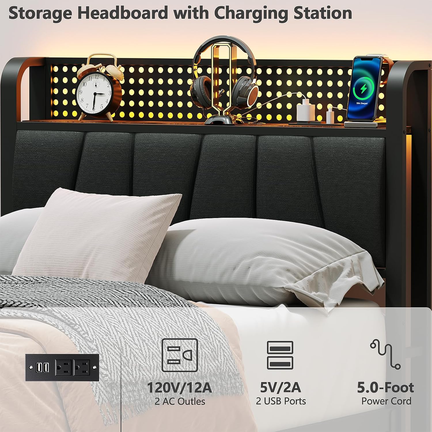 Detalle de Furnulem Twin Bed Frame with RGB LED Lighting, Charging Station and Upholstered Headboard