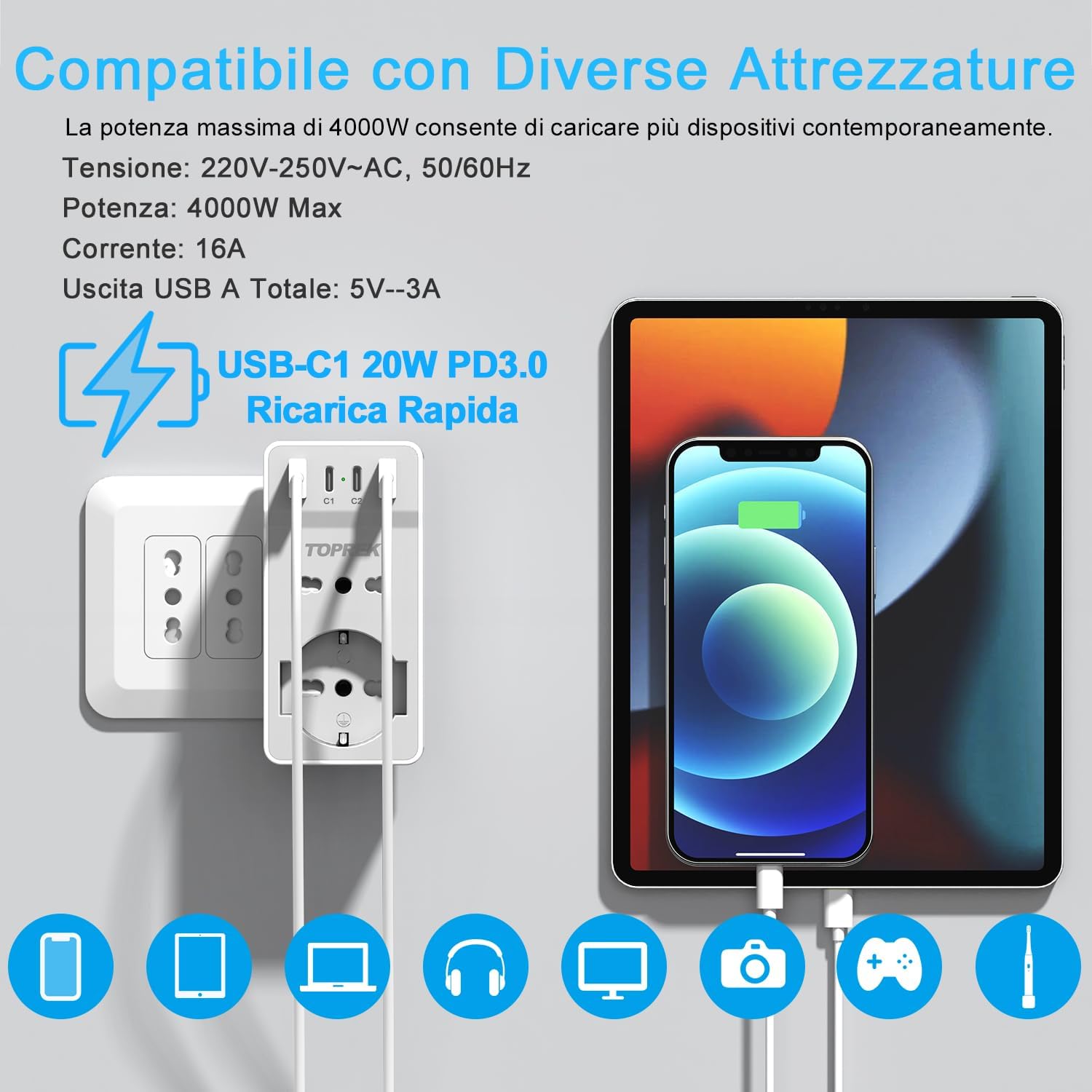 Thumbnail 4 de TOPREK Presa Multipla USB Salvaspazio 6 in 1 con Spina Italiana – 4000W/16A, 1 Schuko, 1 IT, 2 Type-C, 2 Type-A (Bianco)