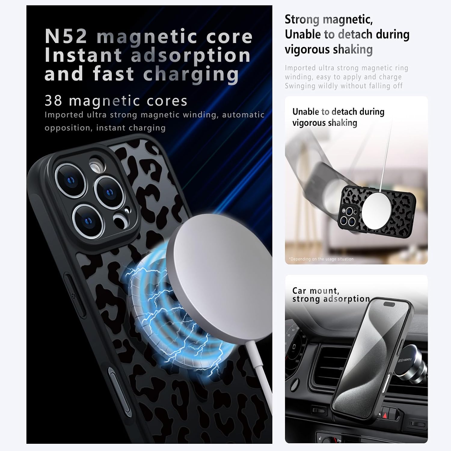 Detalle 2 de Oxytter Magnetic Case for iPhone 15 Pro Max, Black Leopard, MagSafe Compatible